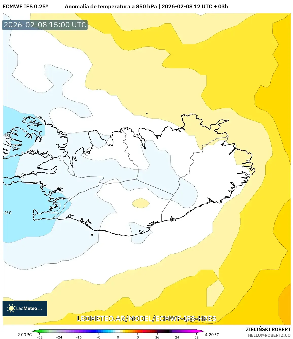 ECMWF IFS 0.25° model - Islandia, Anomalía de temperatura a 850 hPa
