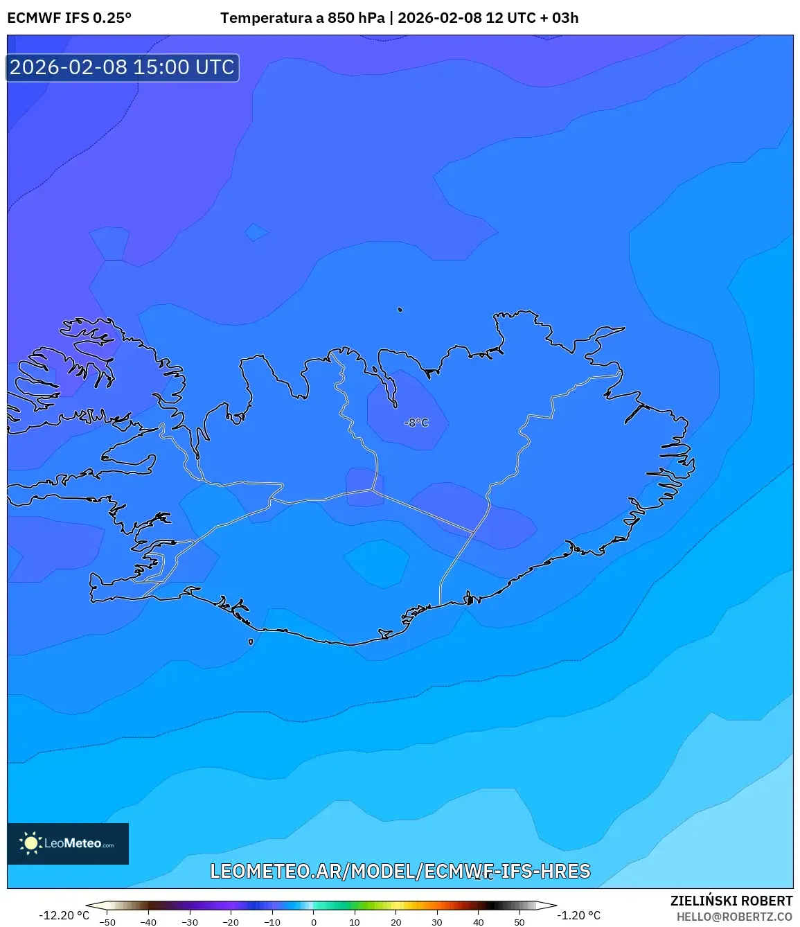 ECMWF IFS 0.25° model - Islandia, Temperatura a 850 hPa