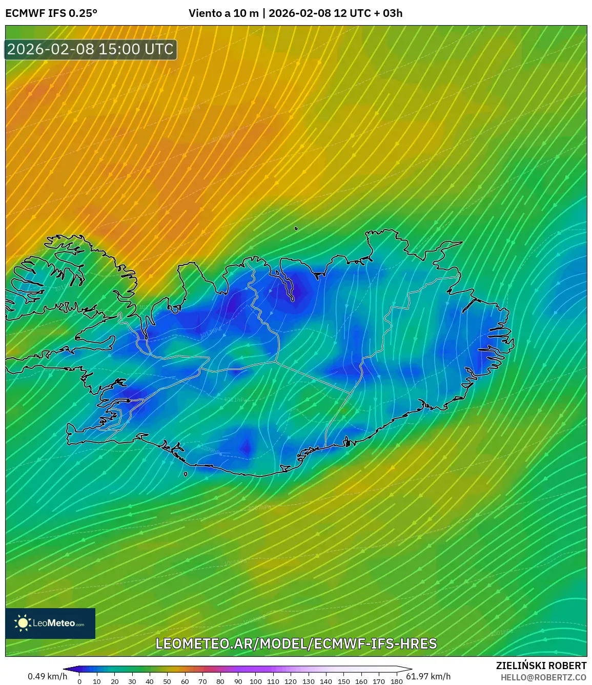 ECMWF IFS 0.25° model - Islandia, Viento a 10 m
