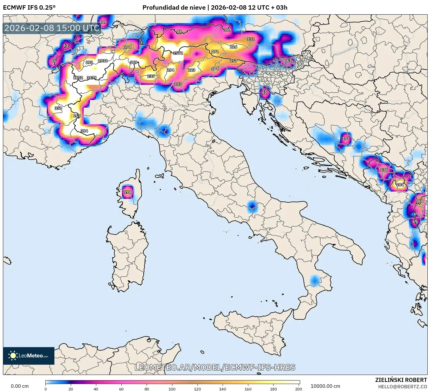ECMWF IFS 0.25° model - Italia, Profundidad de nieve