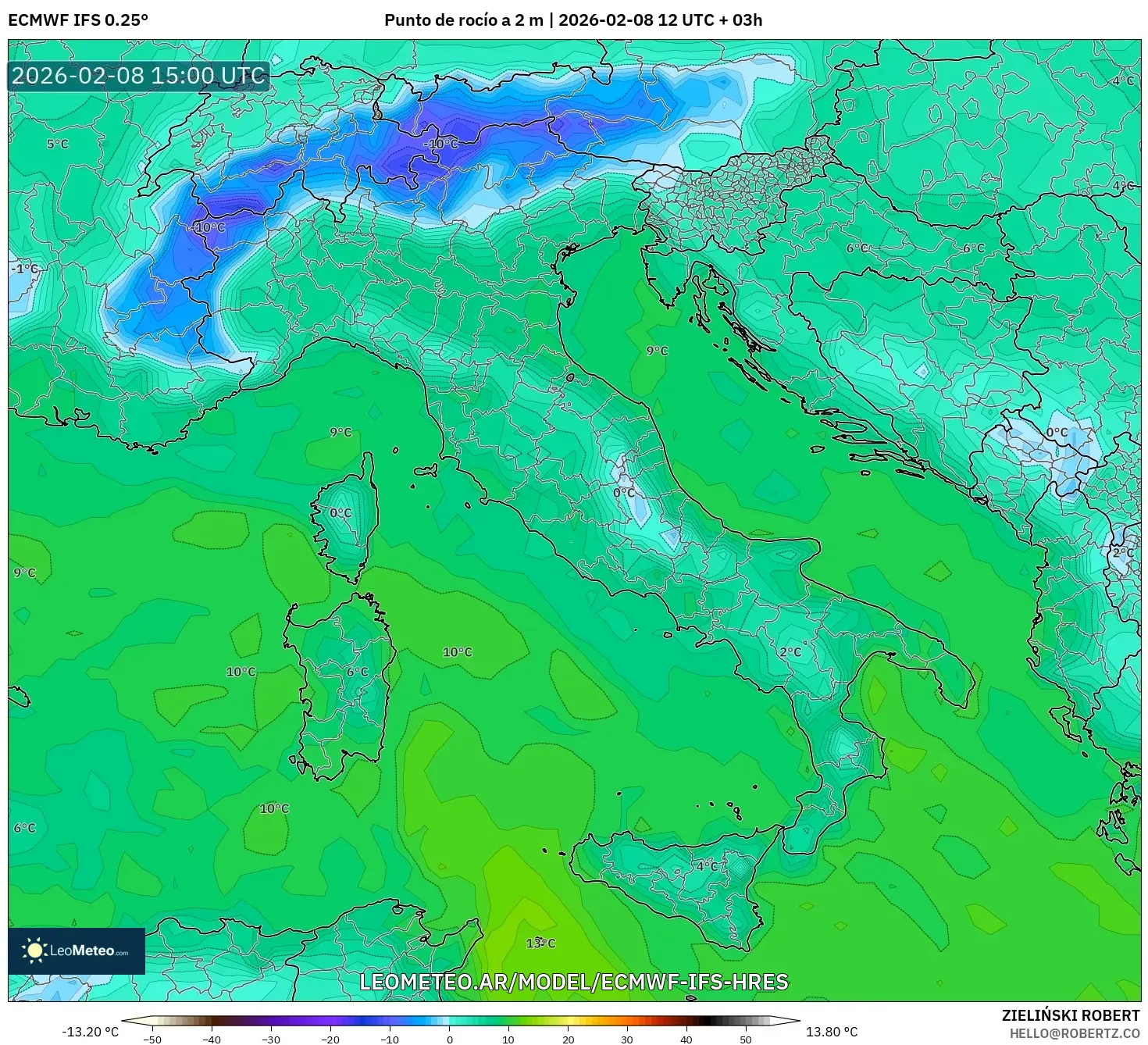ECMWF IFS 0.25° model - Italia, Punto de rocío a 2 m
