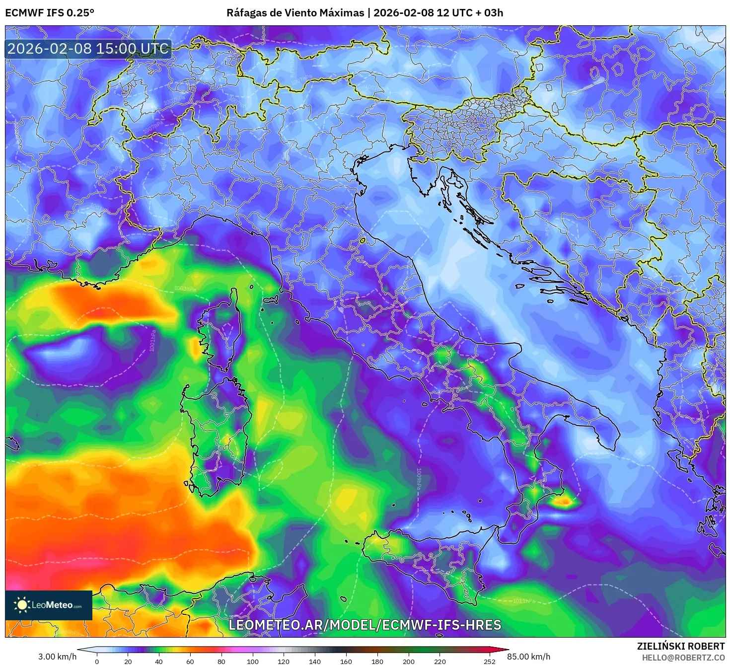 ECMWF IFS 0.25° model - Italia, Ráfagas de Viento Máximas