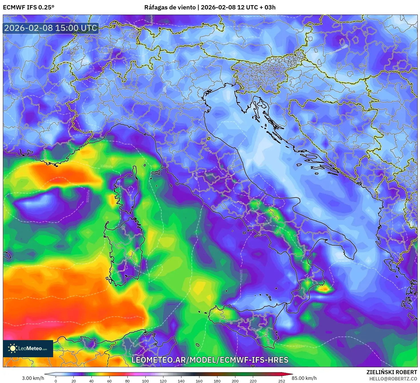 ECMWF IFS 0.25° model - Italia, Ráfagas de viento
