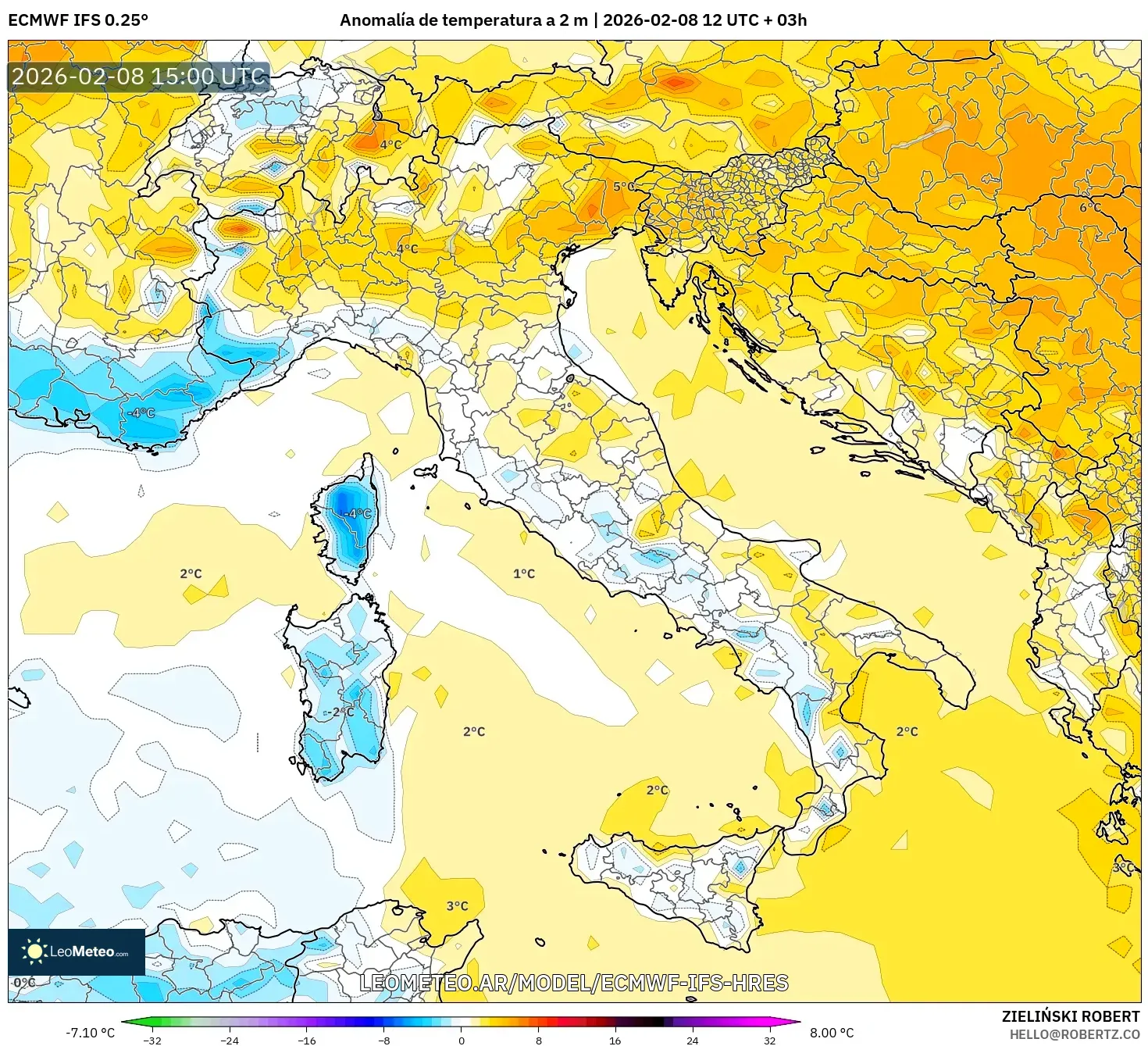 ECMWF IFS 0.25° model - Italia, Anomalía de temperatura a 2 m