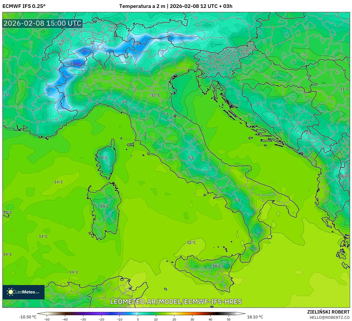 ECMWF IFS 0.25° model - Italia, Temperatura a 2 m