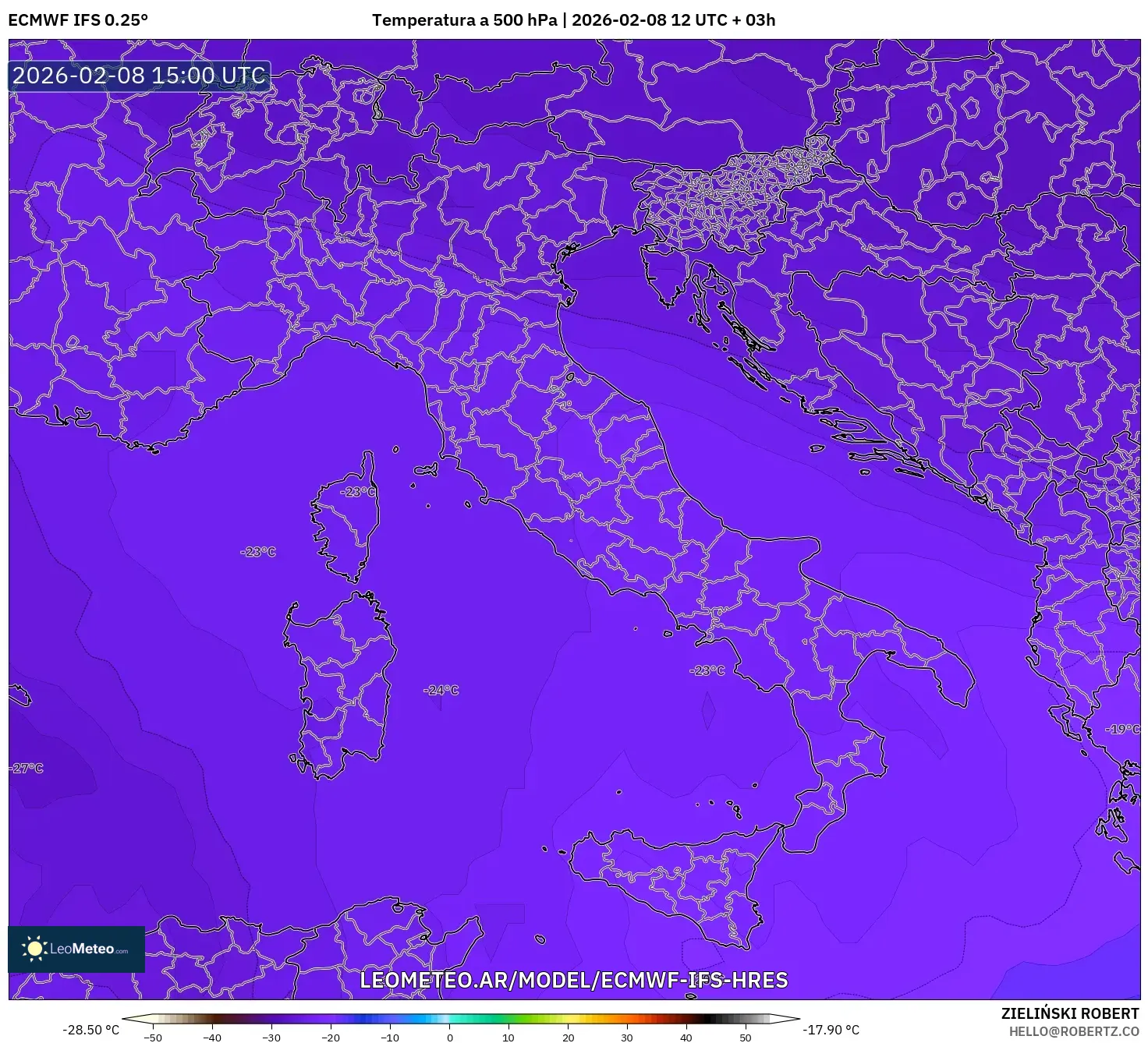 ECMWF IFS 0.25° model - Italia, Temperatura a 500 hPa