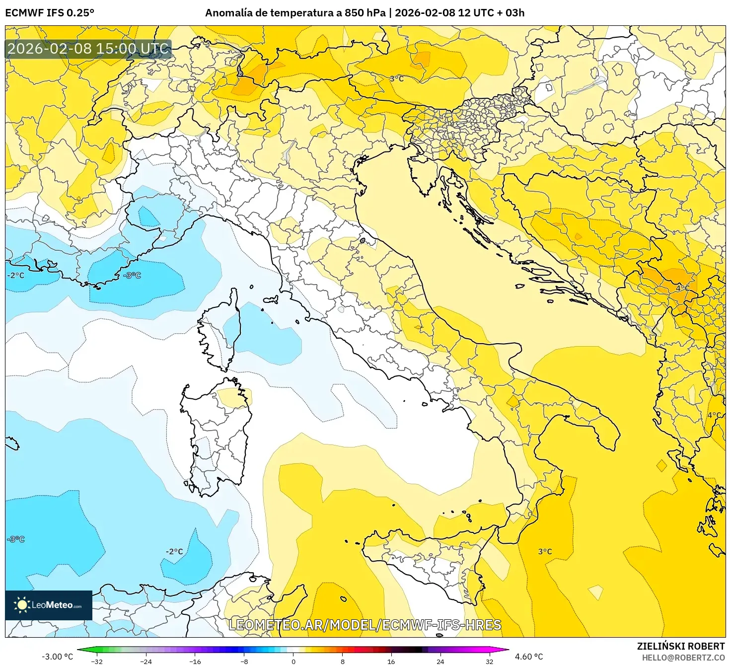 ECMWF IFS 0.25° model - Italia, Anomalía de temperatura a 850 hPa