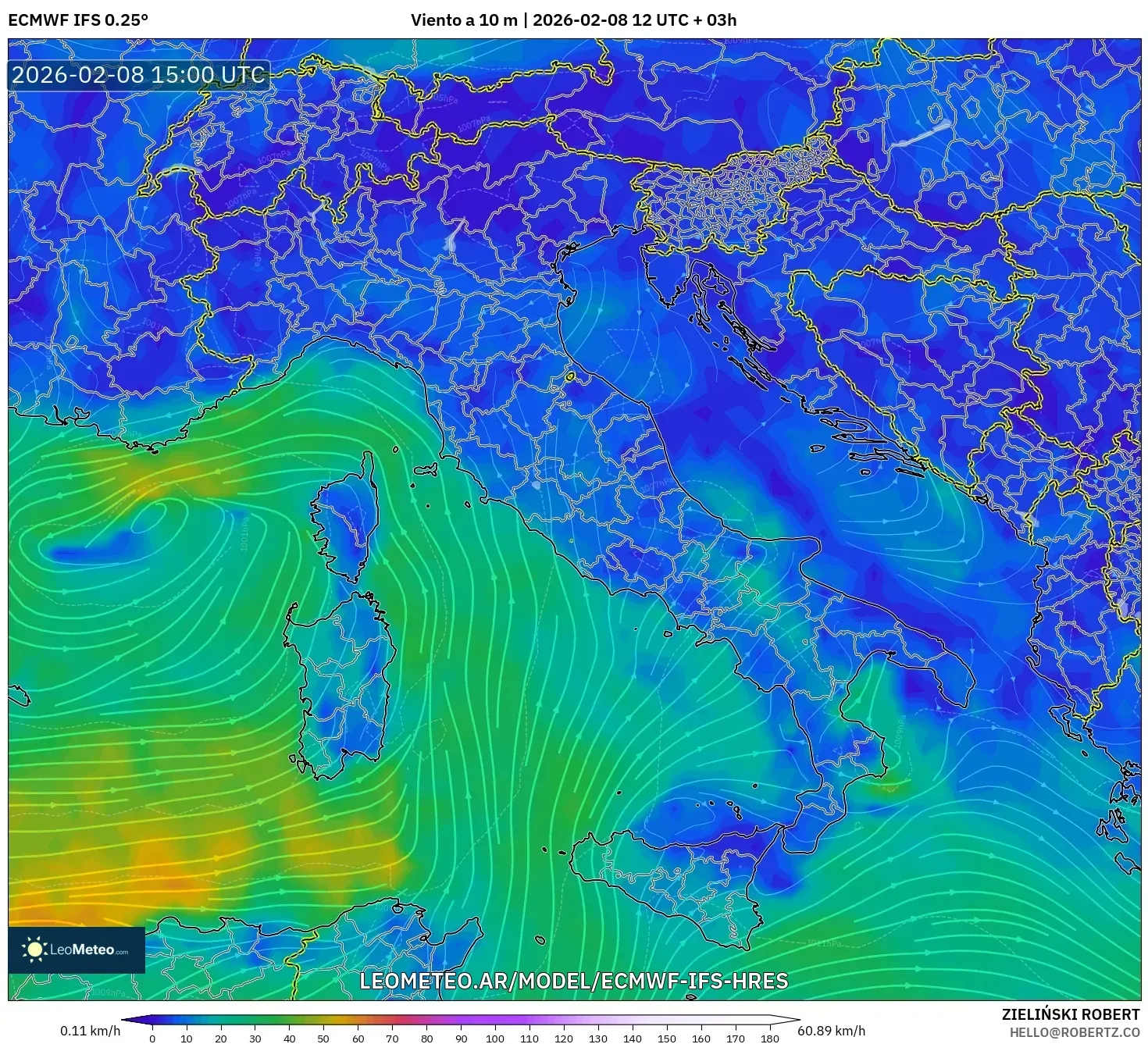 ECMWF IFS 0.25° model - Italia, Viento a 10 m