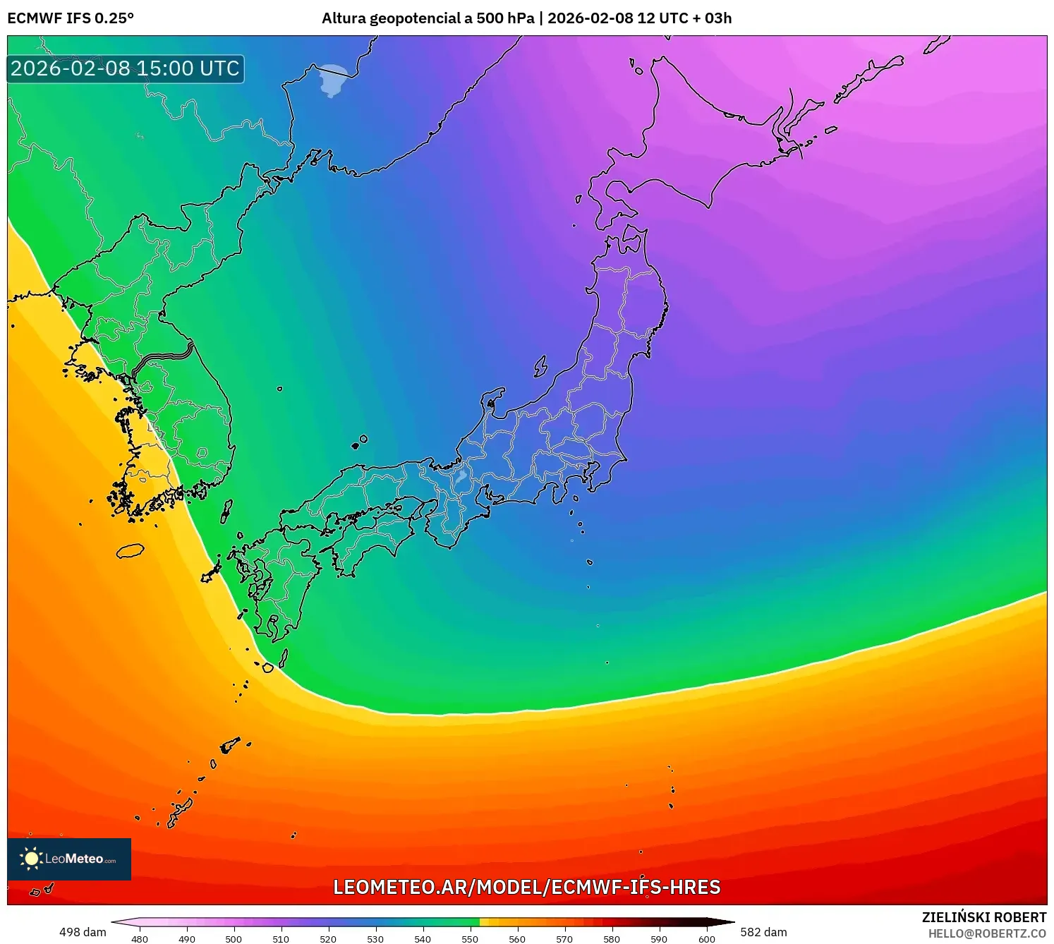 ECMWF IFS 0.25° model - Japón, Altura geopotencial a 500 hPa