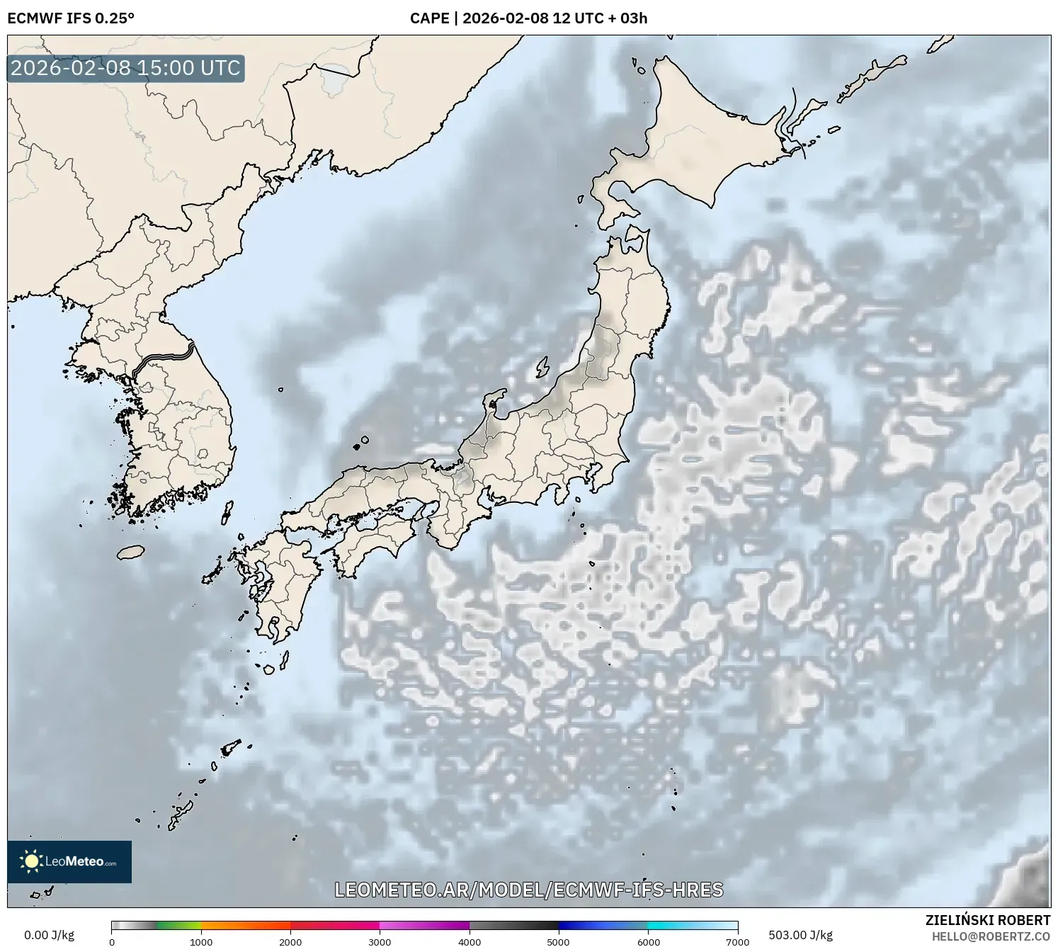 ECMWF IFS 0.25° model - Japón, CAPE
