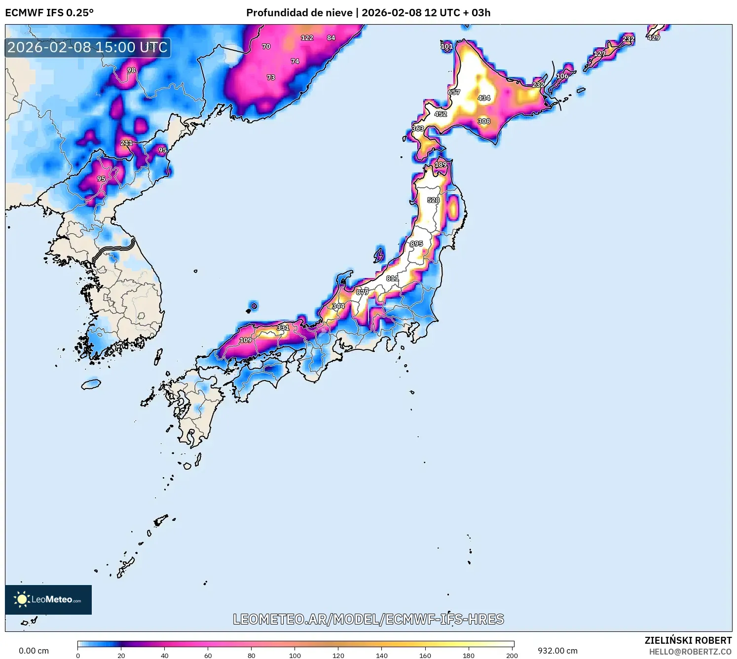 ECMWF IFS 0.25° model - Japón, Profundidad de nieve