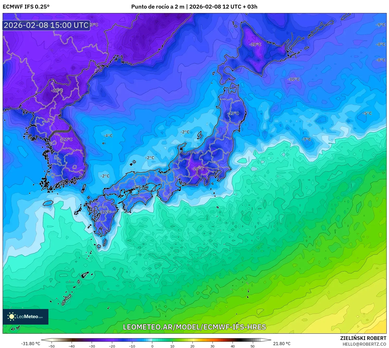 ECMWF IFS 0.25° model - Japón, Punto de rocío a 2 m