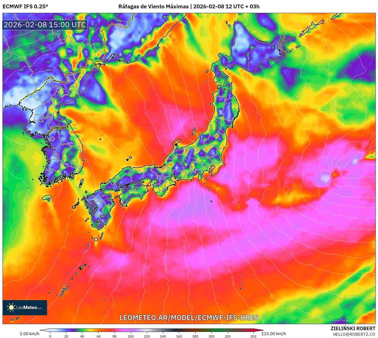 ECMWF IFS 0.25° model - Japón, Ráfagas de Viento Máximas