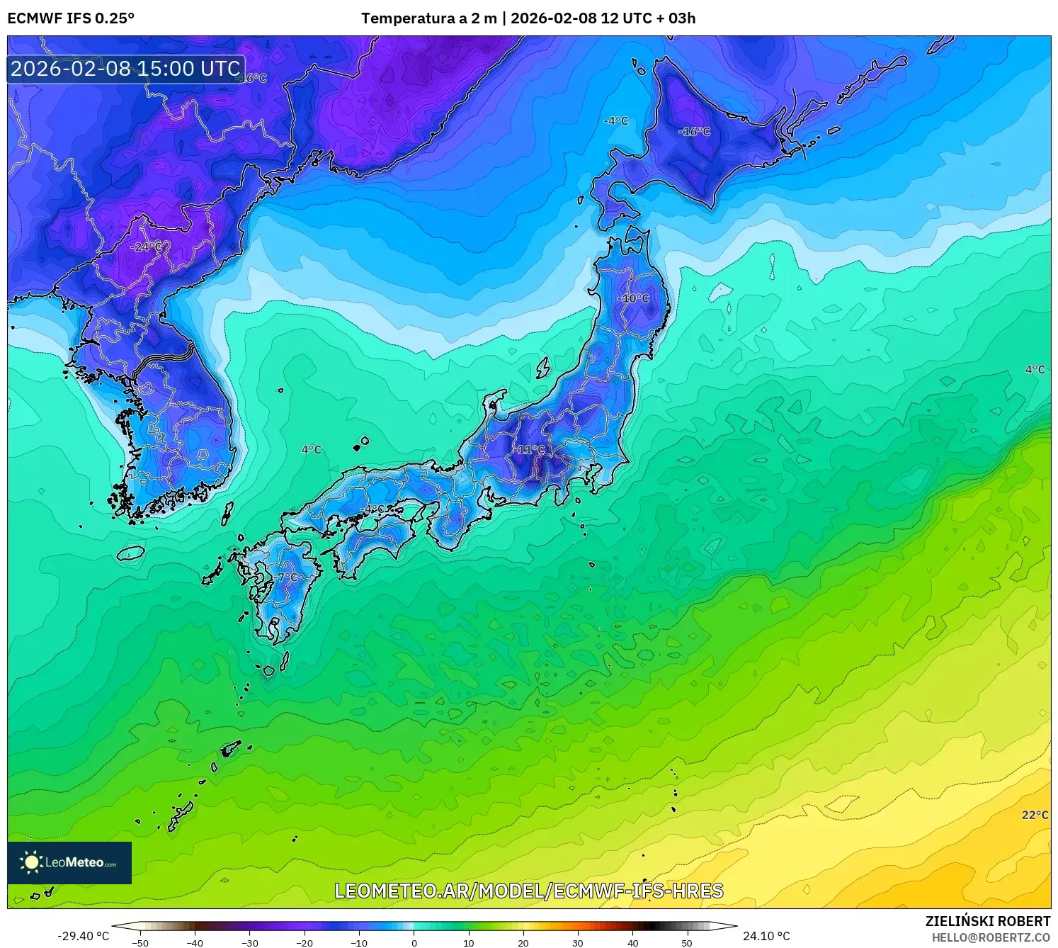 ECMWF IFS 0.25° model - Japón, Temperatura a 2 m