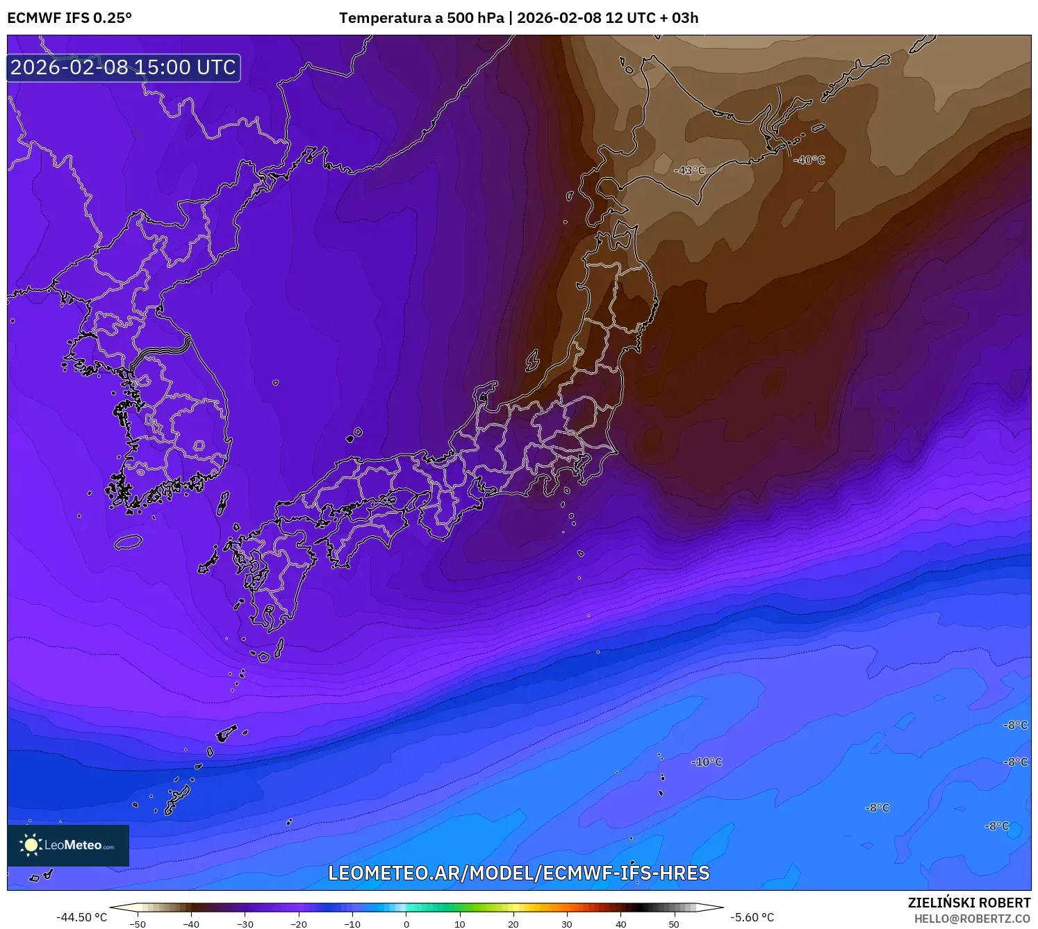 ECMWF IFS 0.25° model - Japón, Temperatura a 500 hPa