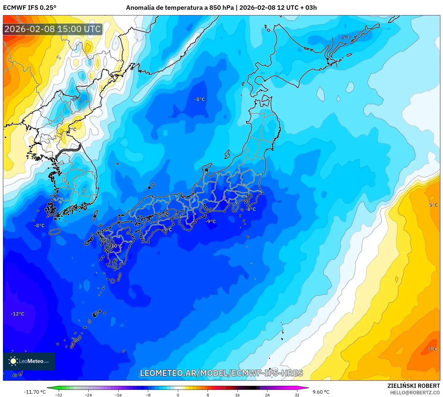 ECMWF IFS 0.25° model - Japón, Anomalía de temperatura a 850 hPa