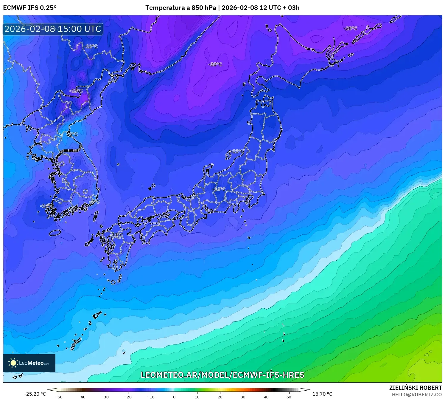 ECMWF IFS 0.25° model - Japón, Temperatura a 850 hPa