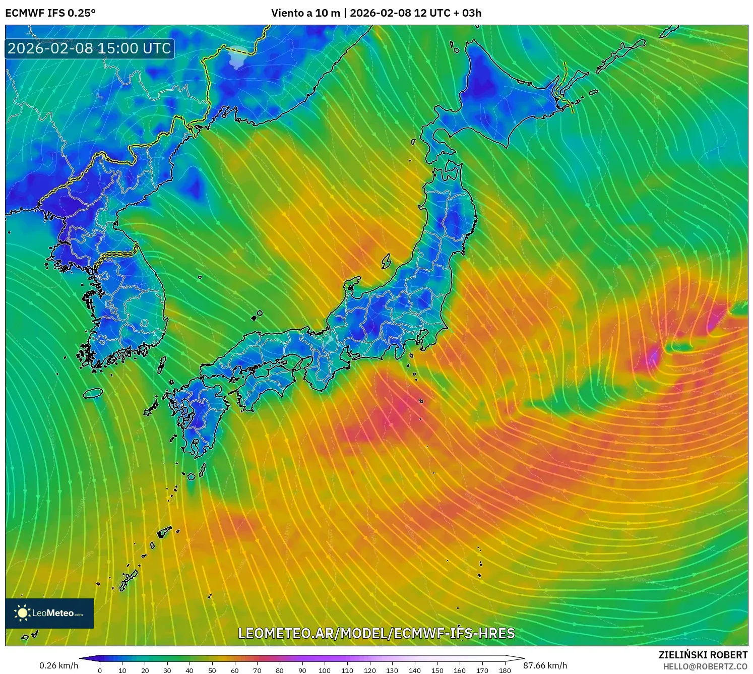 ECMWF IFS 0.25° model - Japón, Viento a 10 m