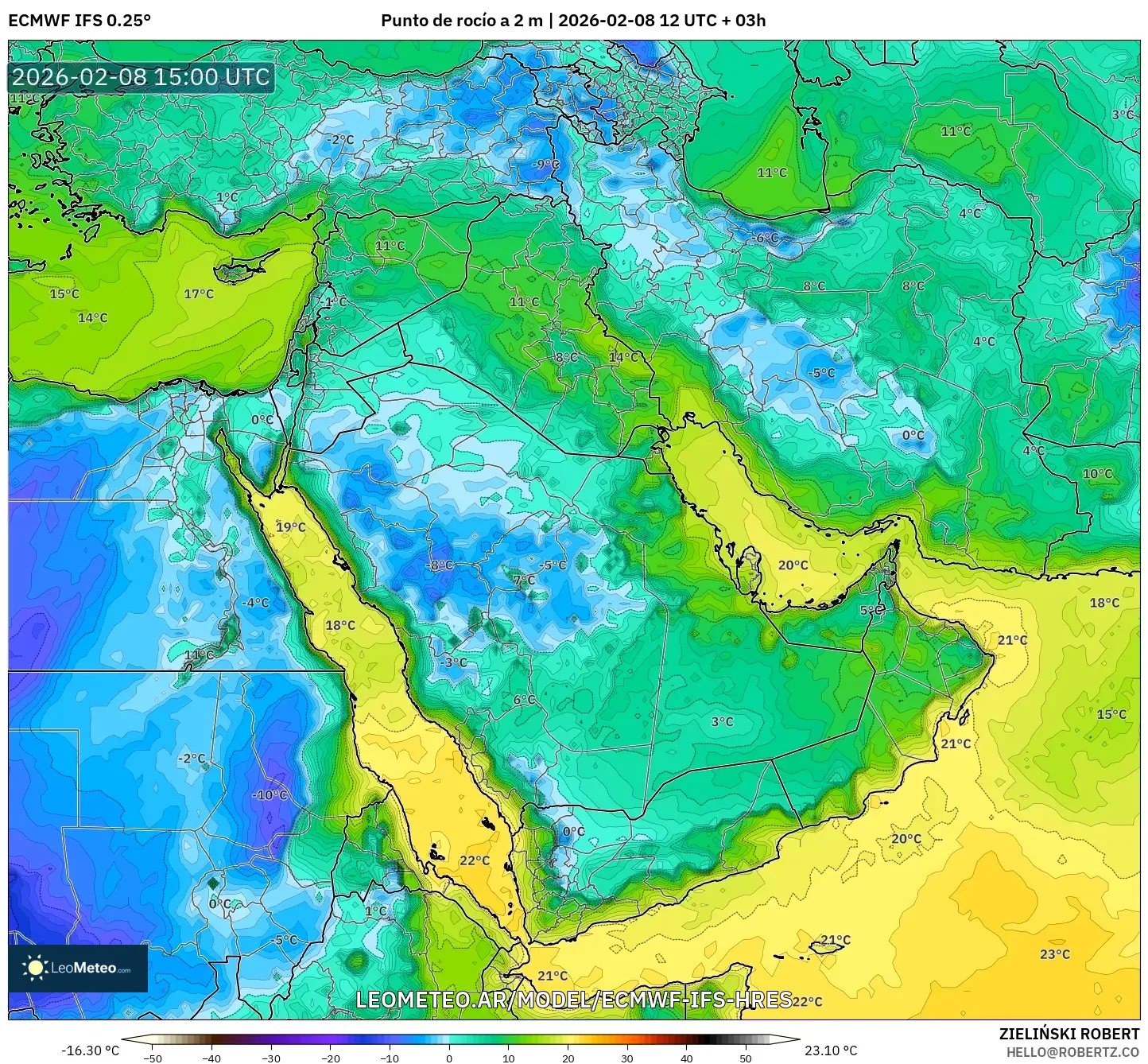 ECMWF IFS 0.25° model - Oriente Medio, Punto de rocío a 2 m