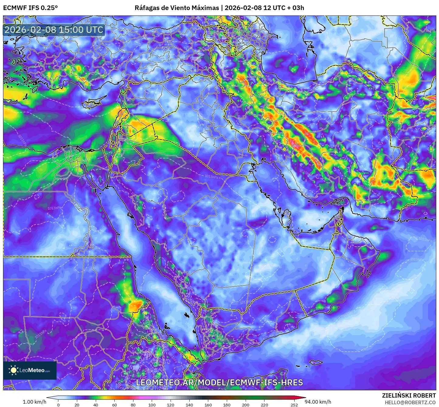 ECMWF IFS 0.25° model - Oriente Medio, Ráfagas de Viento Máximas