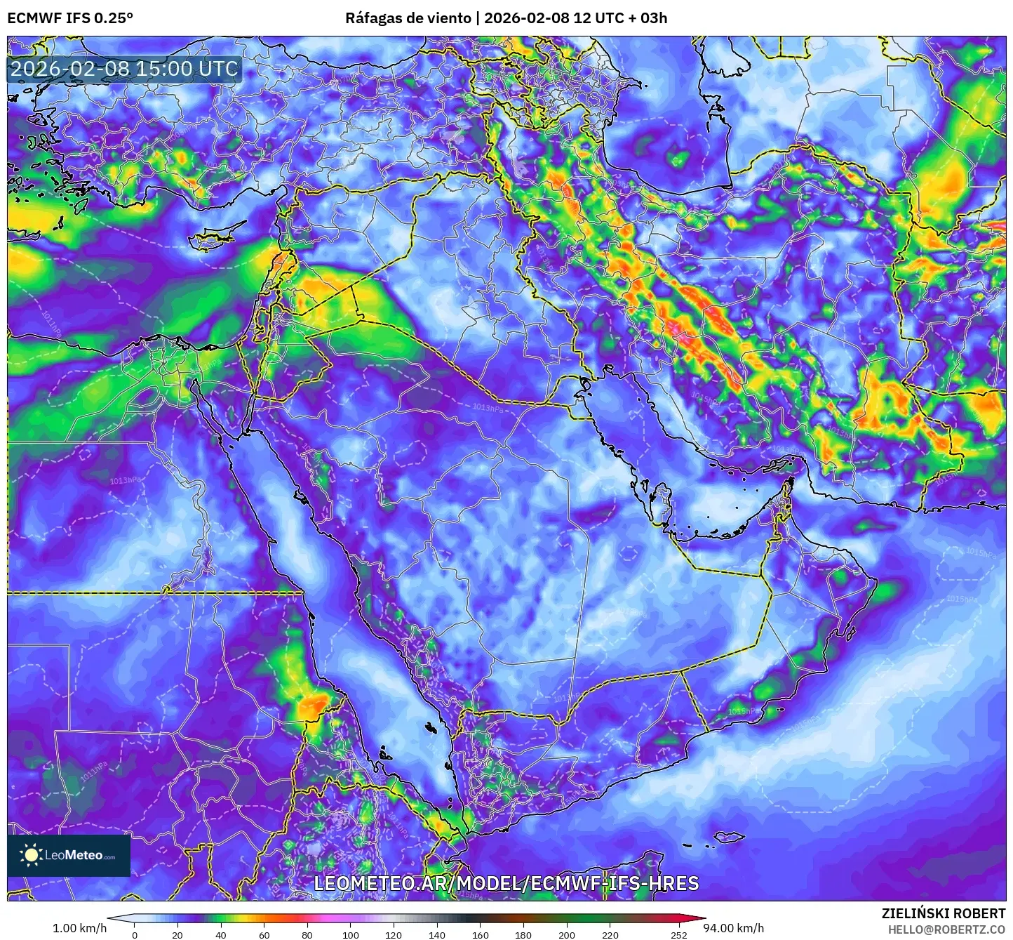 ECMWF IFS 0.25° model - Oriente Medio, Ráfagas de viento