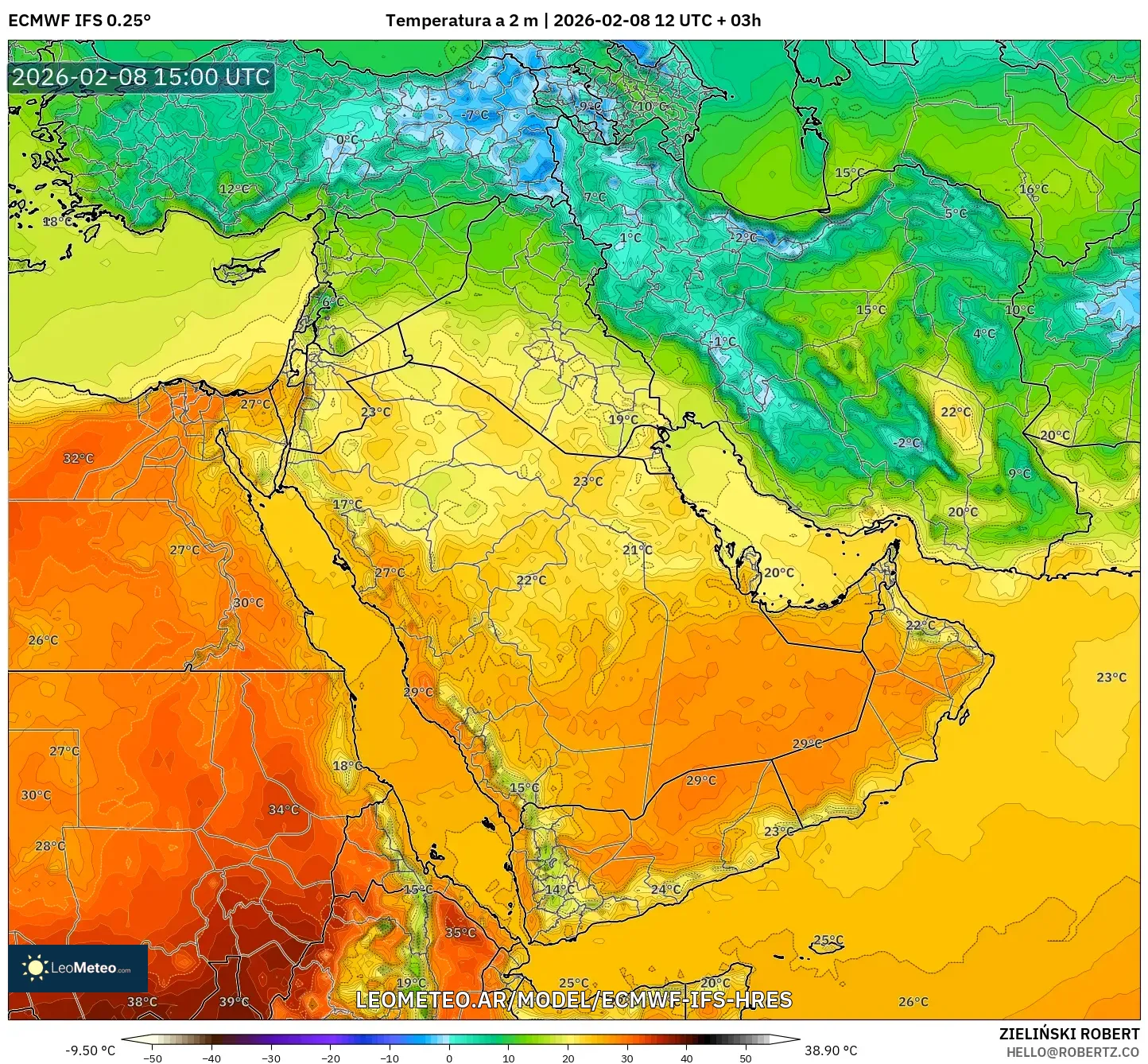 ECMWF IFS 0.25° model - Oriente Medio, Temperatura a 2 m