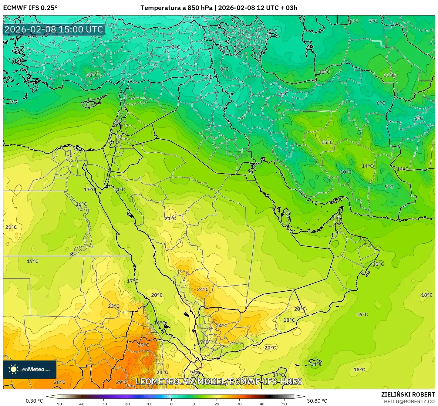 ECMWF IFS 0.25° model - Oriente Medio, Temperatura a 850 hPa