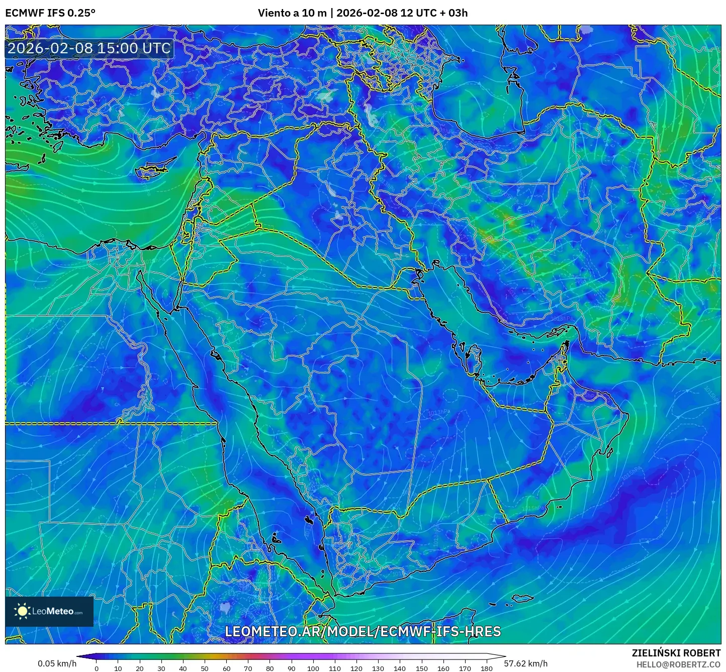 ECMWF IFS 0.25° model - Oriente Medio, Viento a 10 m