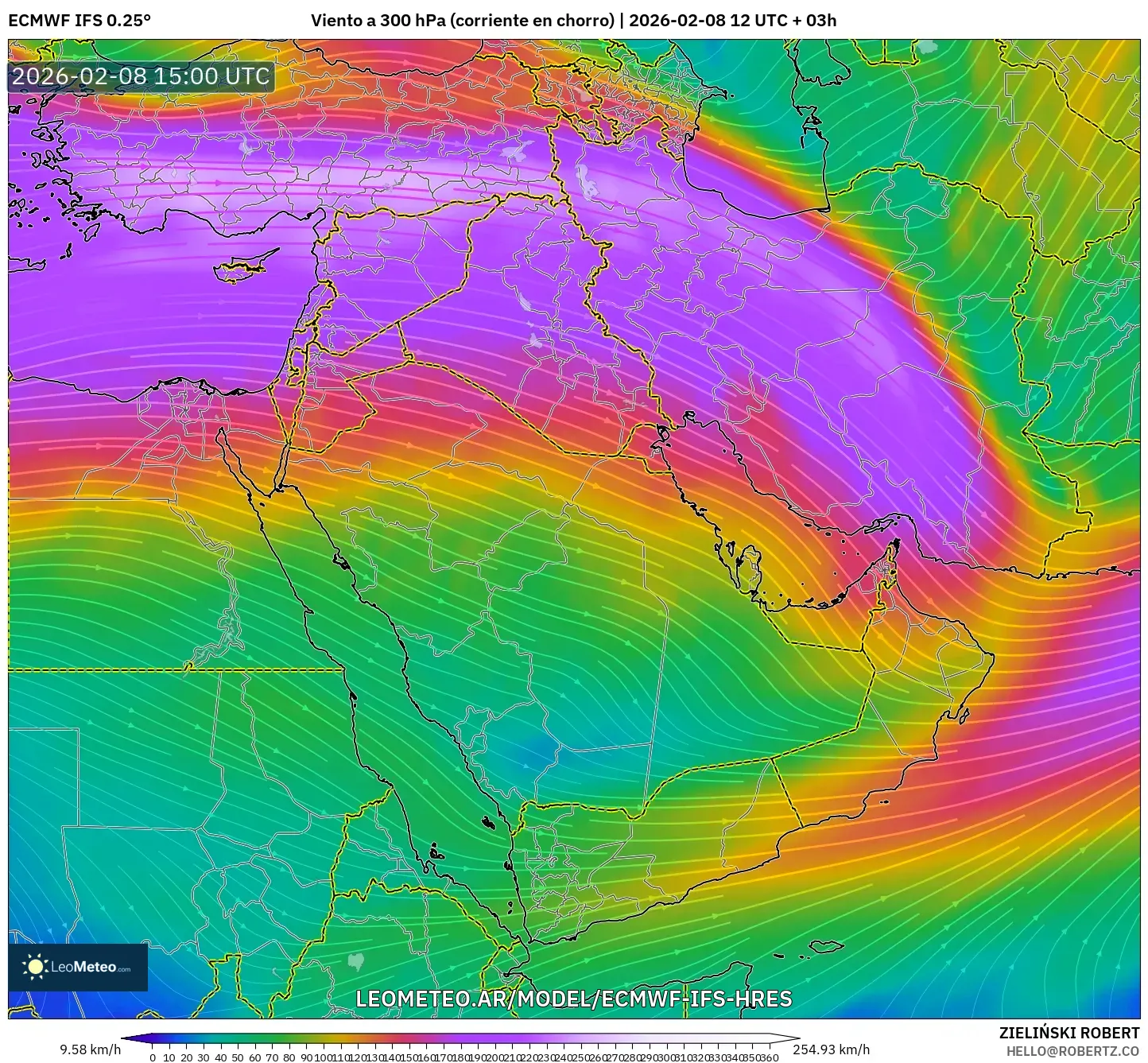 ECMWF IFS 0.25° model - Oriente Medio, Viento a 300 hPa (corriente en chorro)