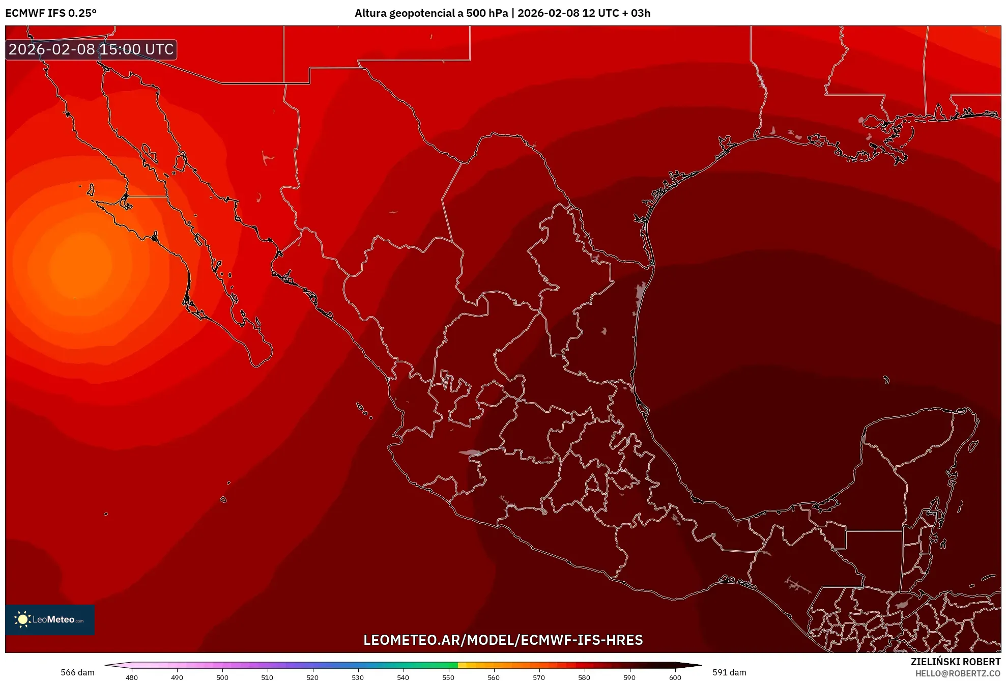 ECMWF IFS 0.25° model - México, Altura geopotencial a 500 hPa