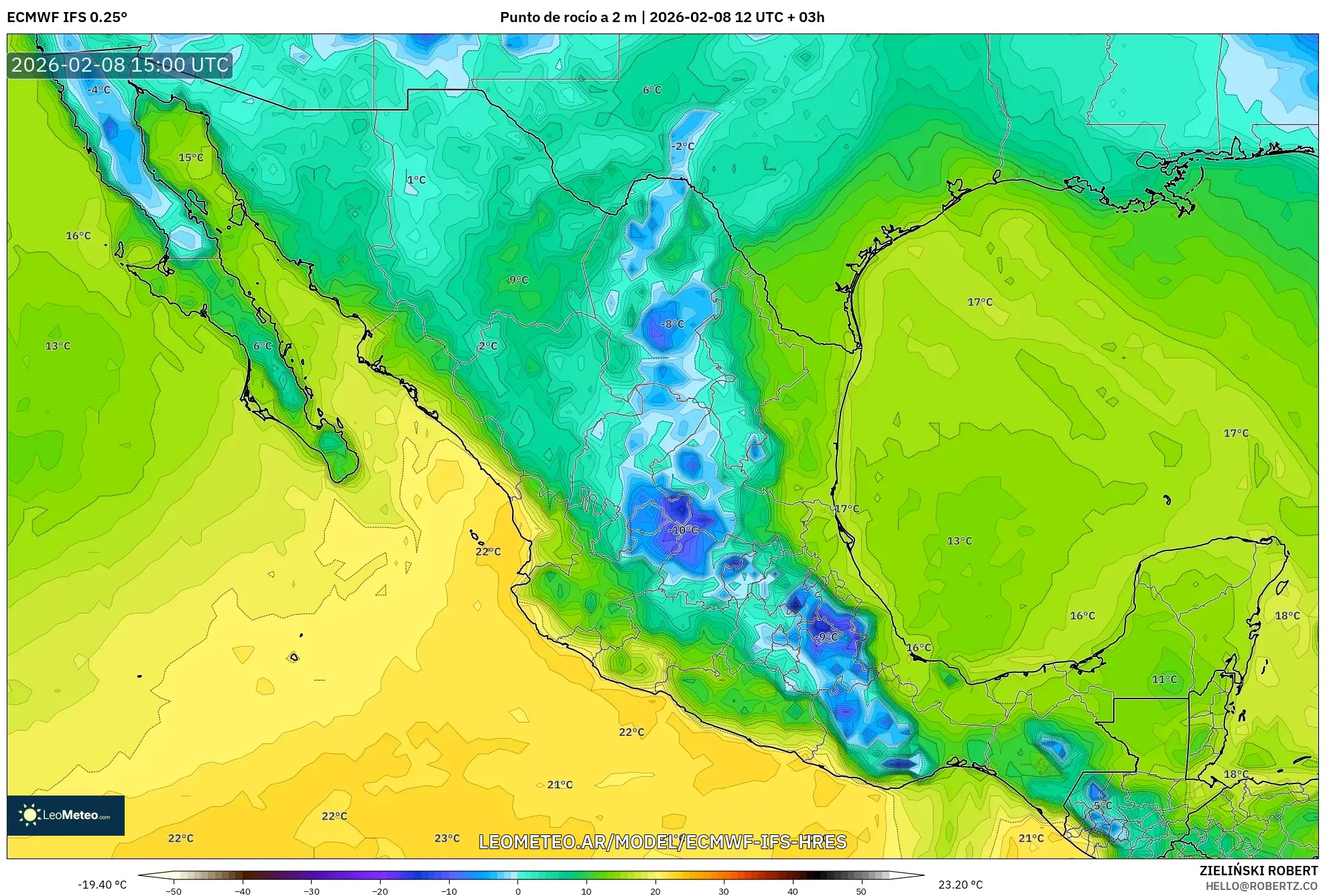 ECMWF IFS 0.25° model - México, Punto de rocío a 2 m