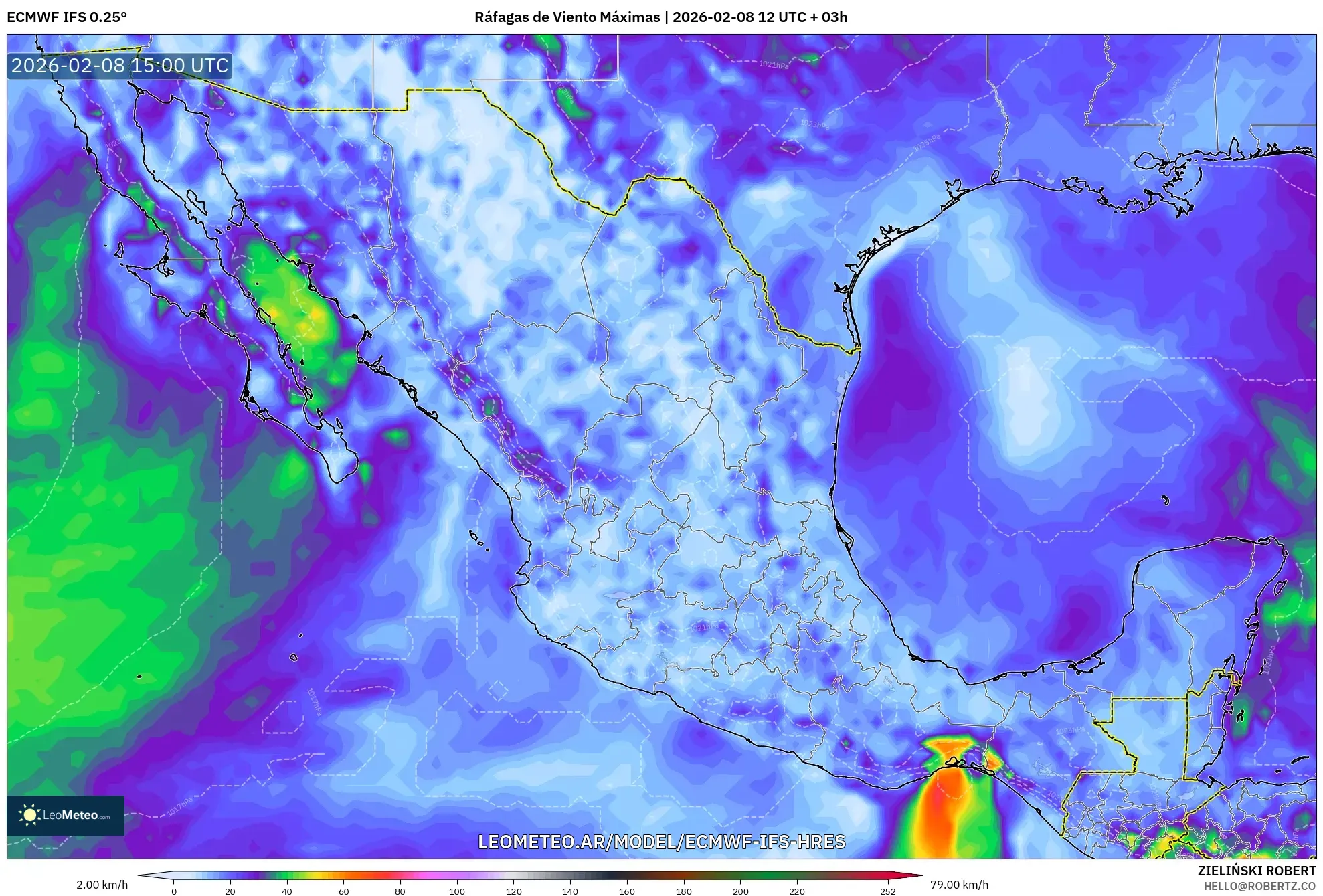 ECMWF IFS 0.25° model - México, Ráfagas de Viento Máximas
