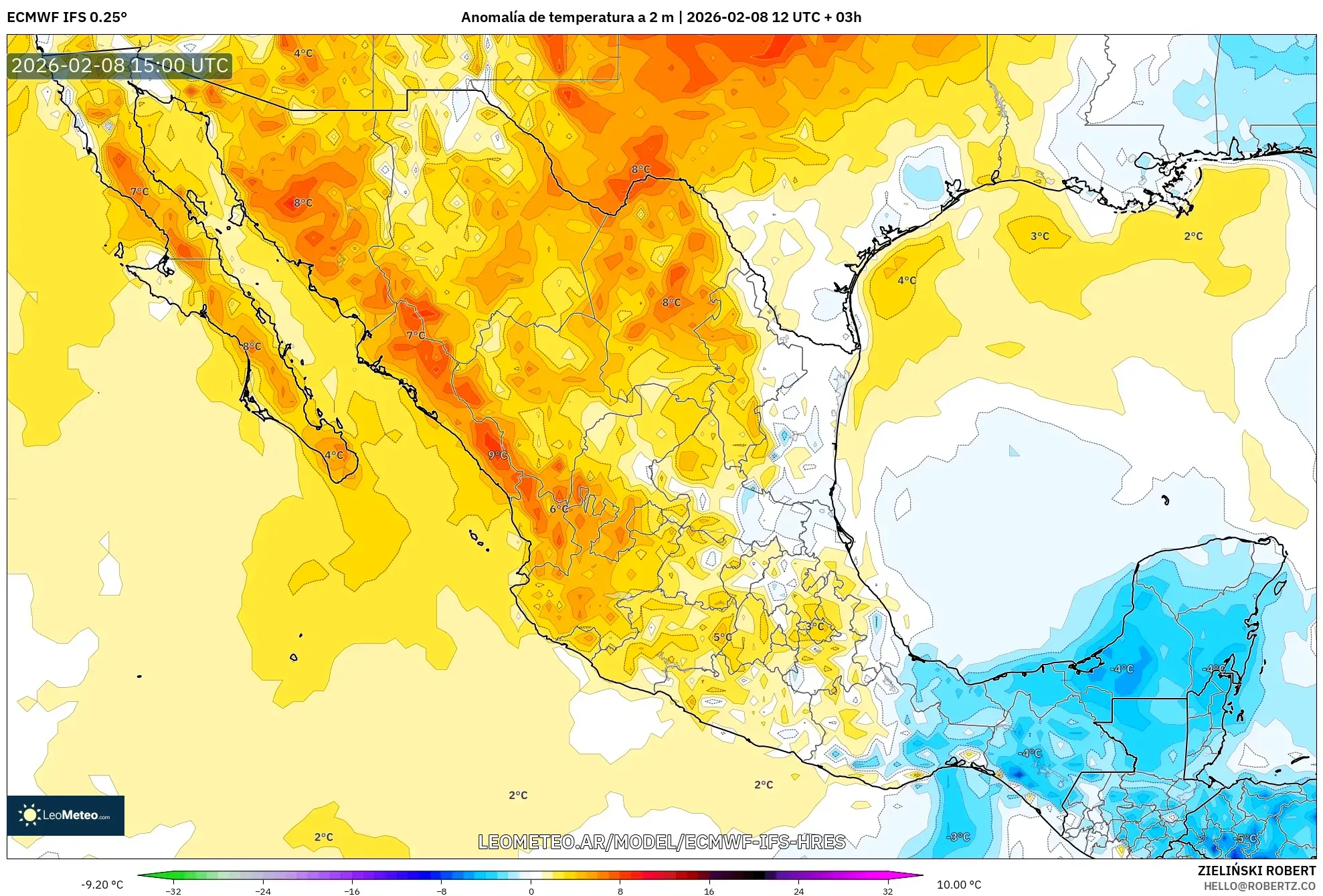 ECMWF IFS 0.25° model - México, Anomalía de temperatura a 2 m