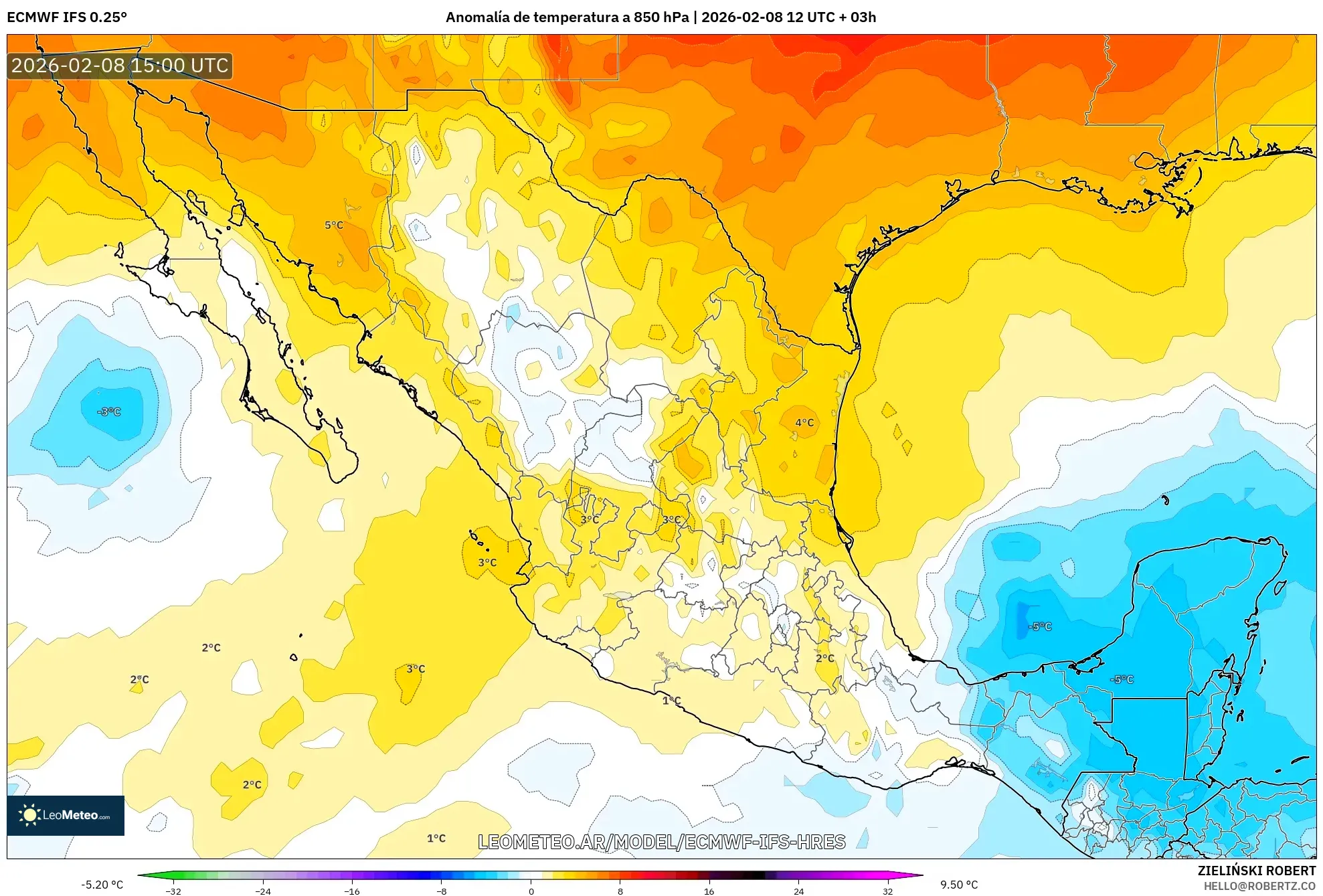 ECMWF IFS 0.25° model - México, Anomalía de temperatura a 850 hPa