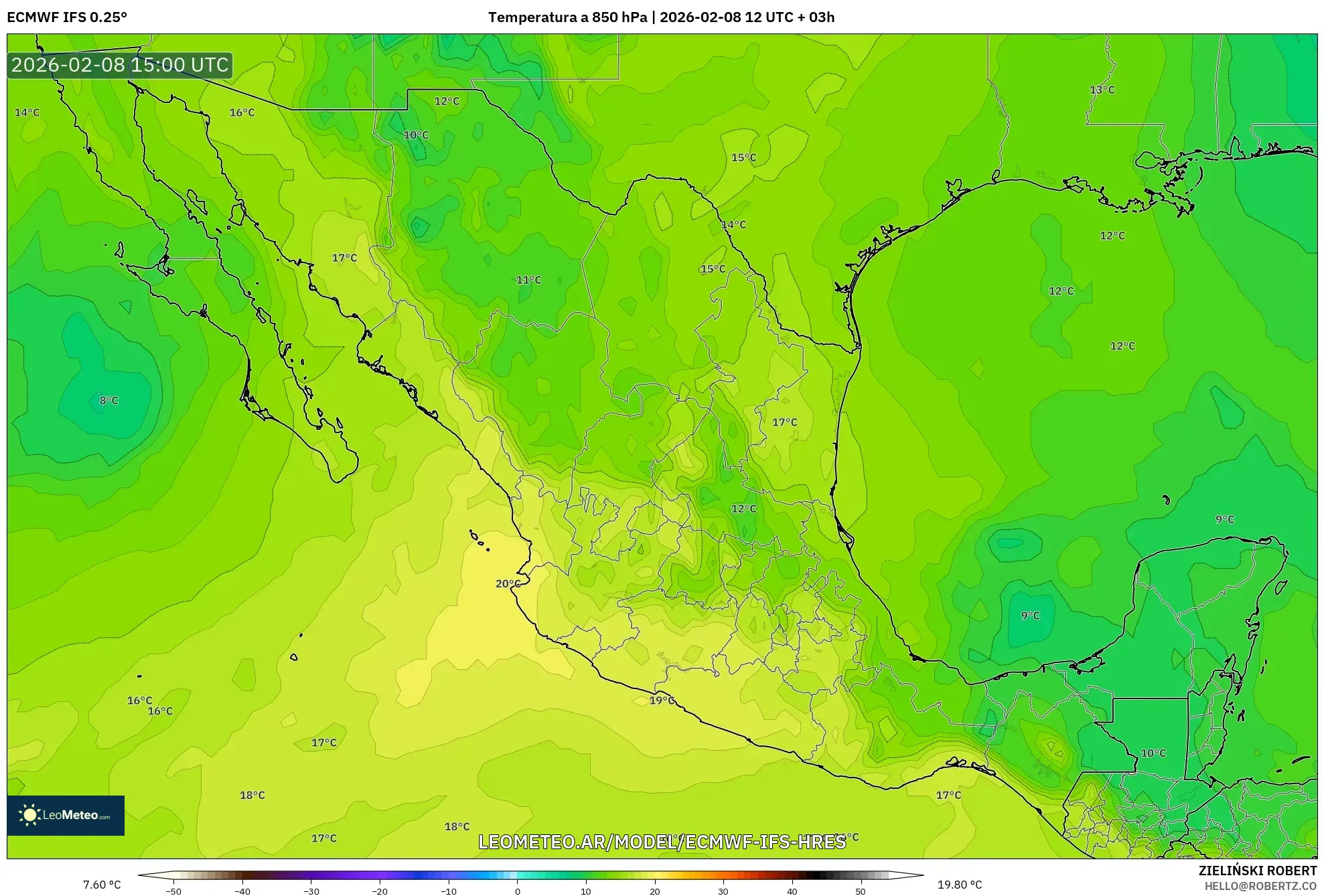 ECMWF IFS 0.25° model - México, Temperatura a 850 hPa
