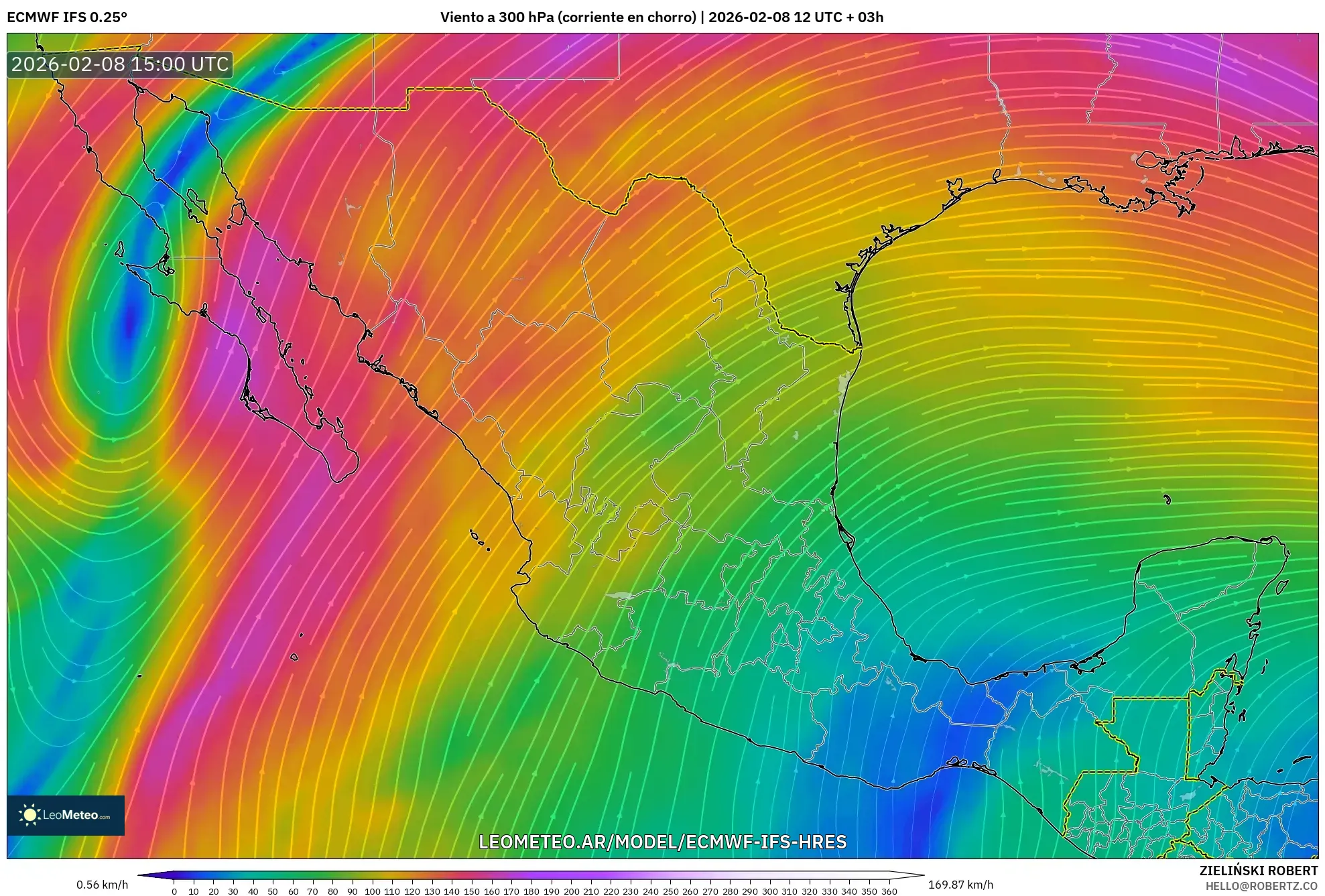 ECMWF IFS 0.25° model - México, Viento a 300 hPa (corriente en chorro)