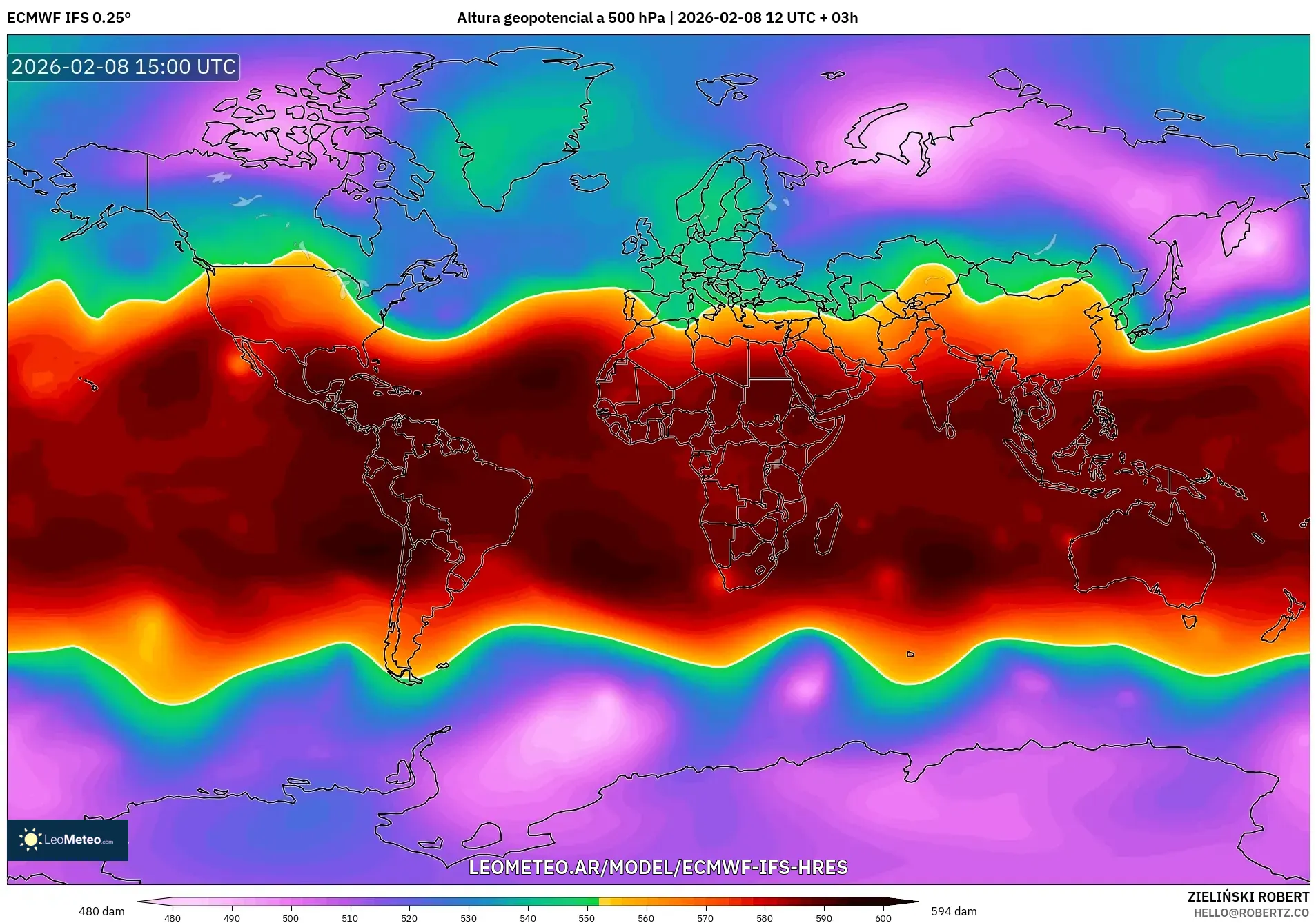 ECMWF IFS 0.25° model - Mundo, Altura geopotencial a 500 hPa
