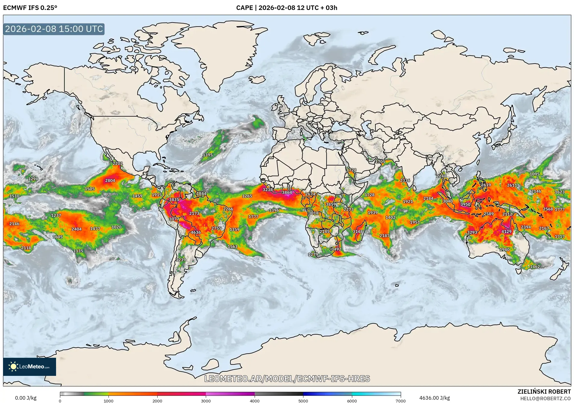 ECMWF IFS 0.25° model - Mundo, CAPE