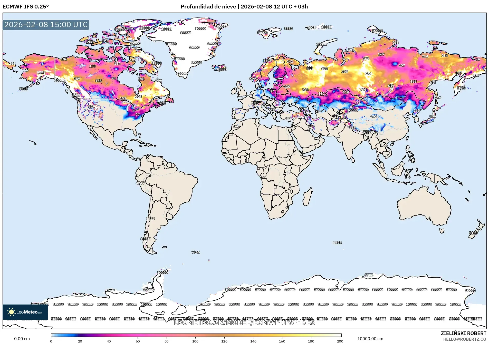 ECMWF IFS 0.25° model - Mundo, Profundidad de nieve