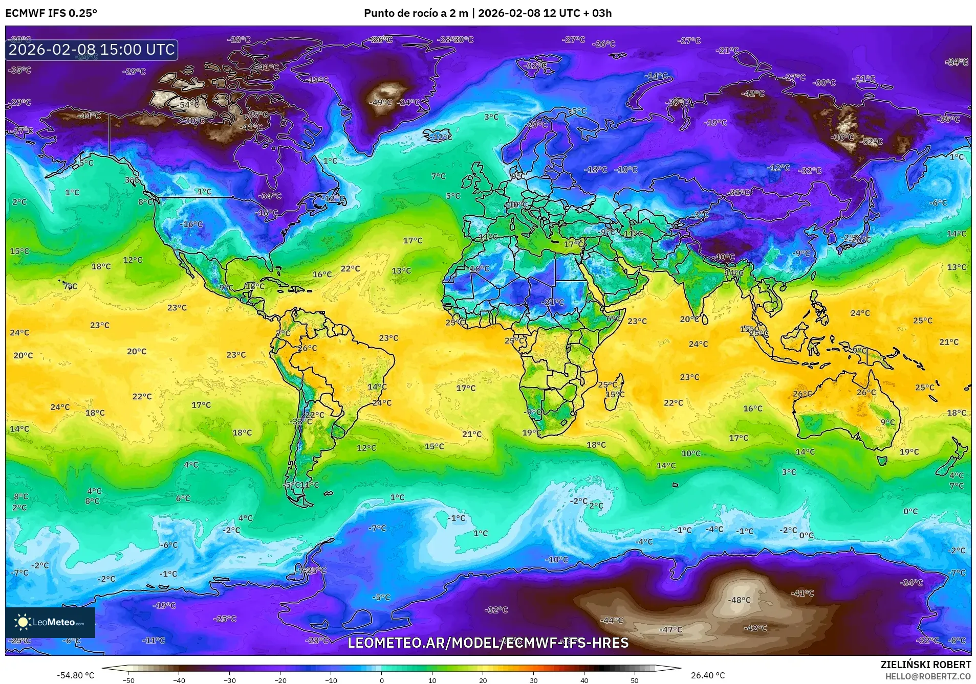 ECMWF IFS 0.25° model - Mundo, Punto de rocío a 2 m