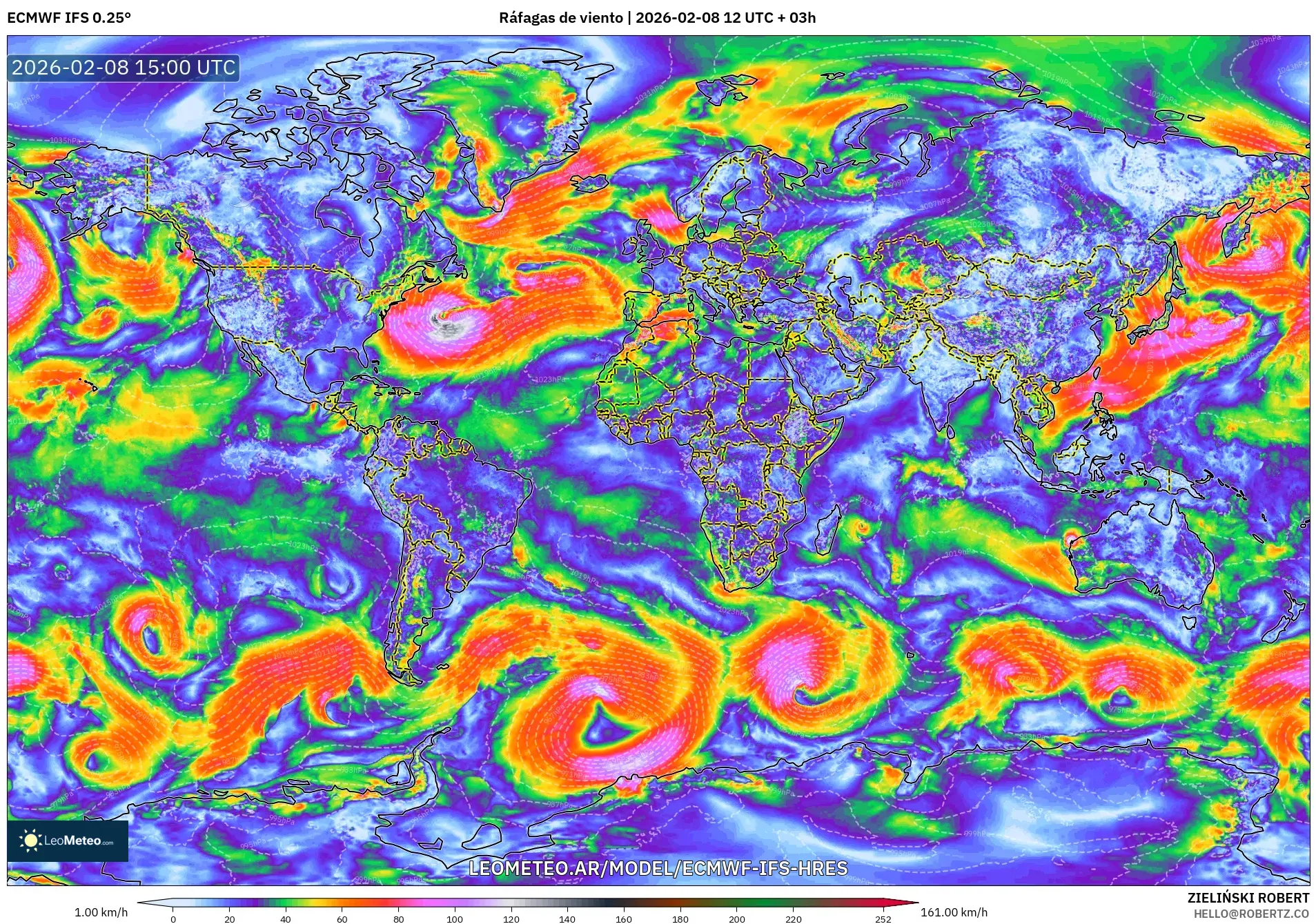 ECMWF IFS 0.25° model - Mundo, Ráfagas de viento