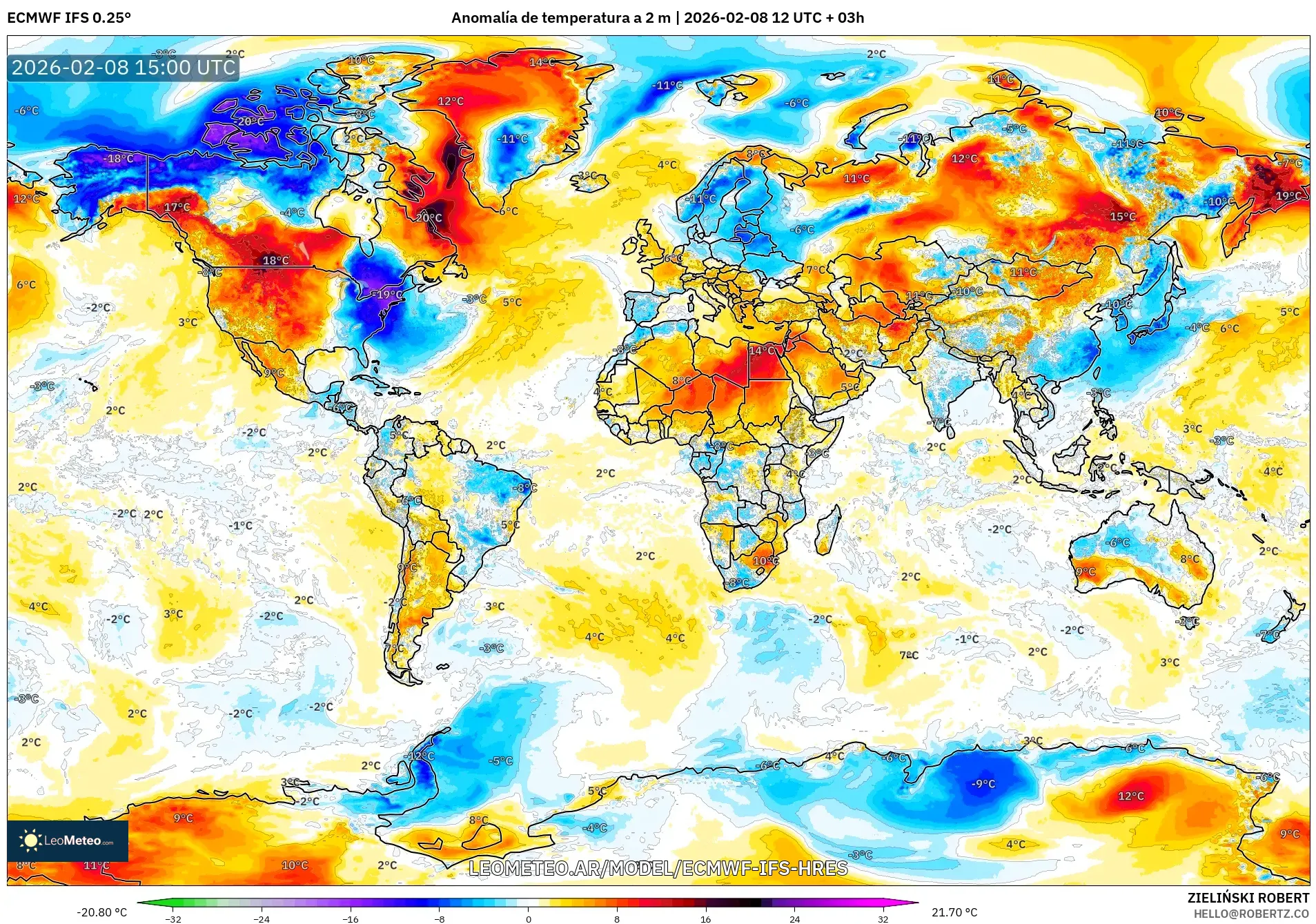 ECMWF IFS 0.25° model - Mundo, Anomalía de temperatura a 2 m