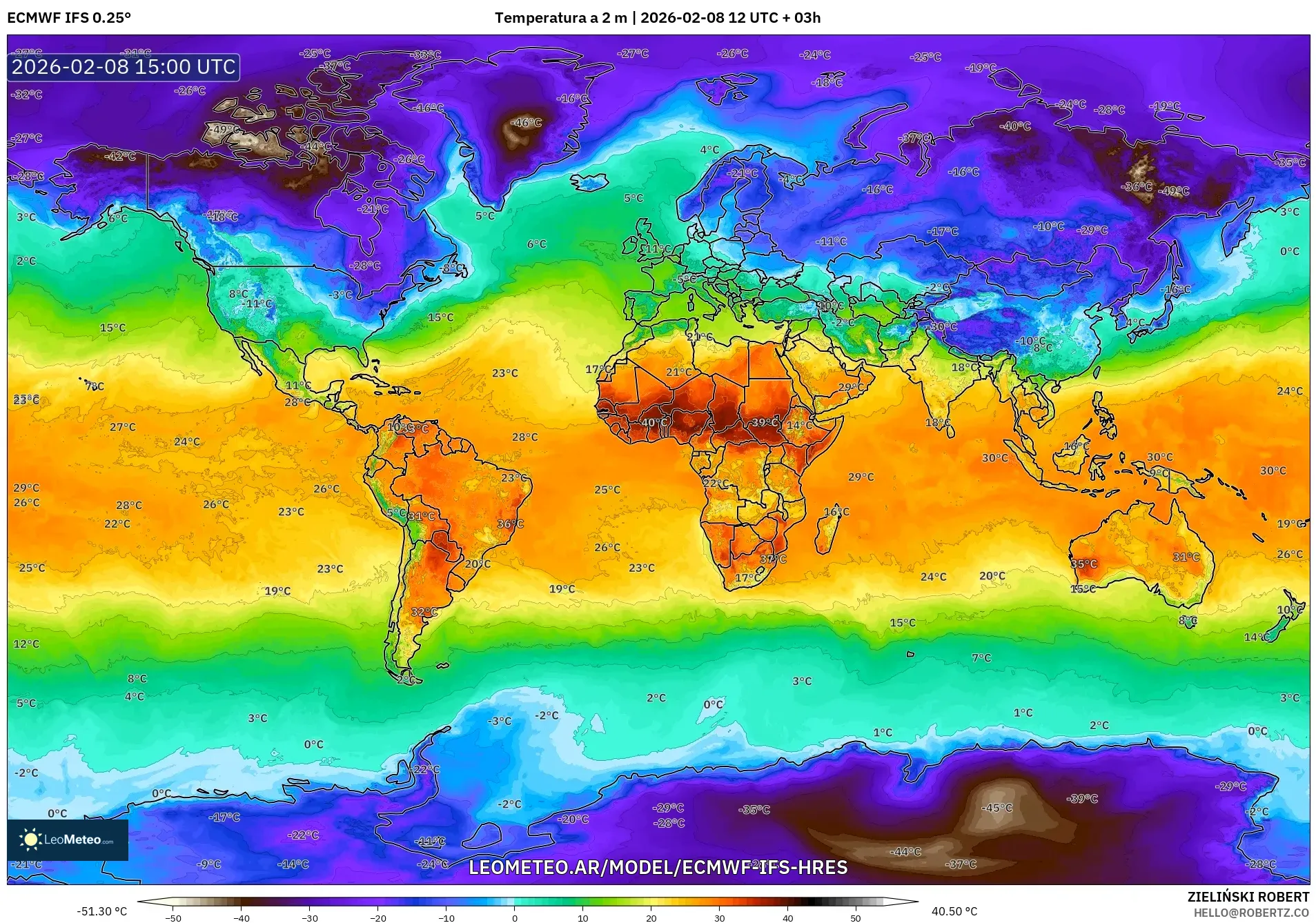 ECMWF IFS 0.25° model - Mundo, Temperatura a 2 m