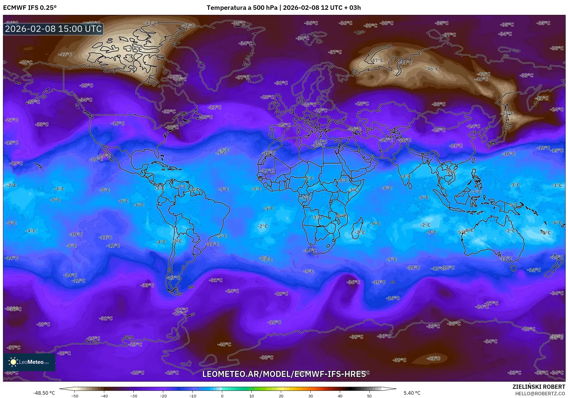 ECMWF IFS 0.25° model - Mundo, Temperatura a 500 hPa