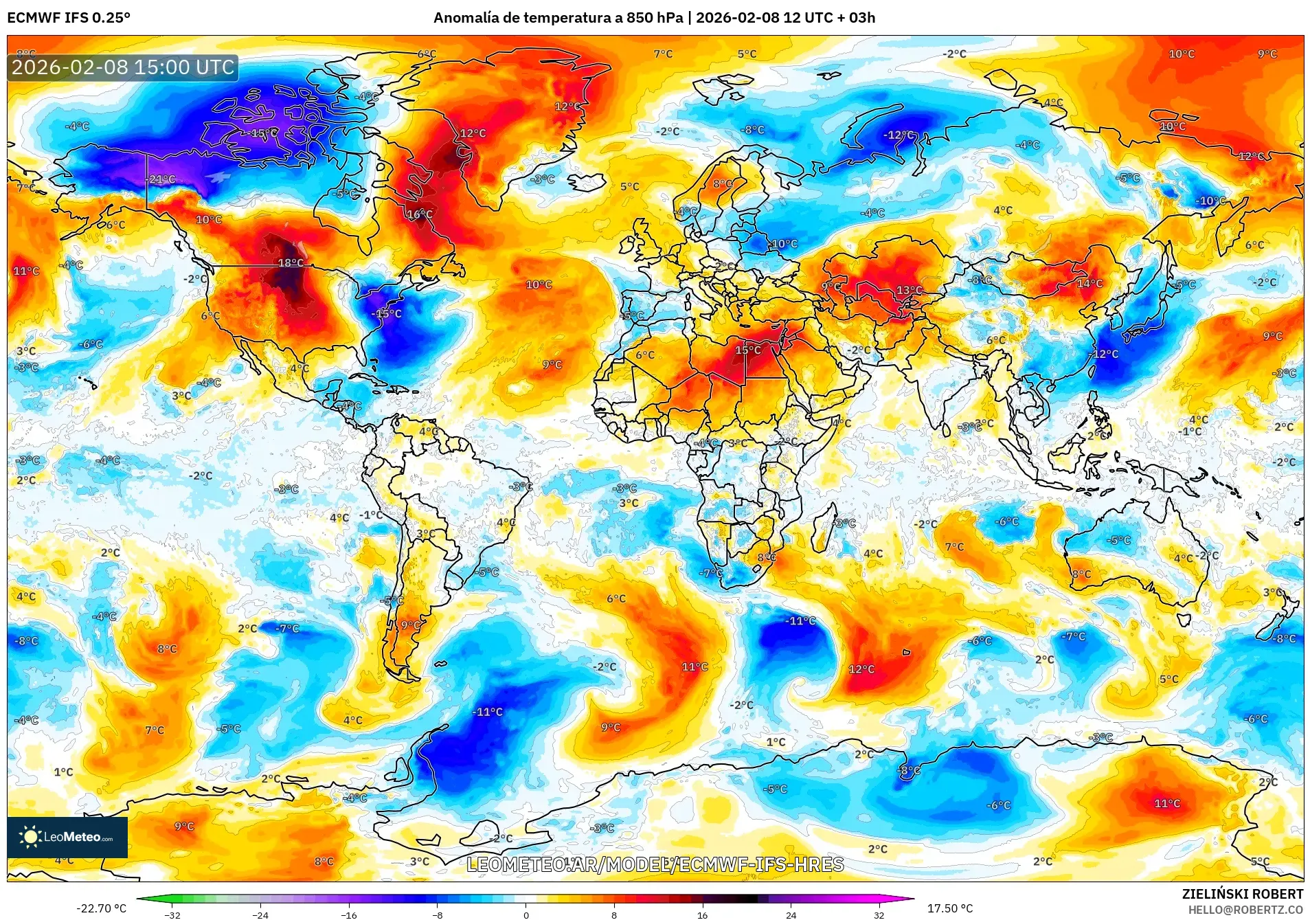 ECMWF IFS 0.25° model - Mundo, Anomalía de temperatura a 850 hPa