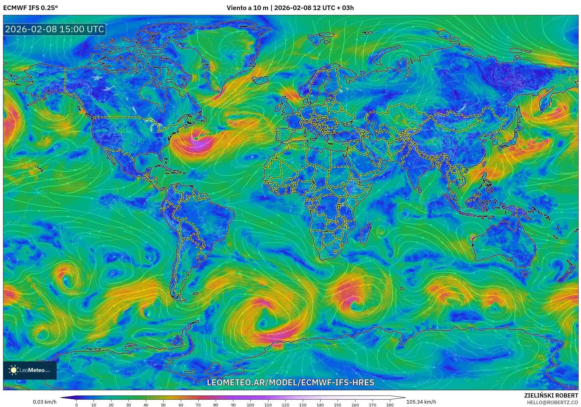 ECMWF IFS 0.25° model - Mundo, Viento a 10 m
