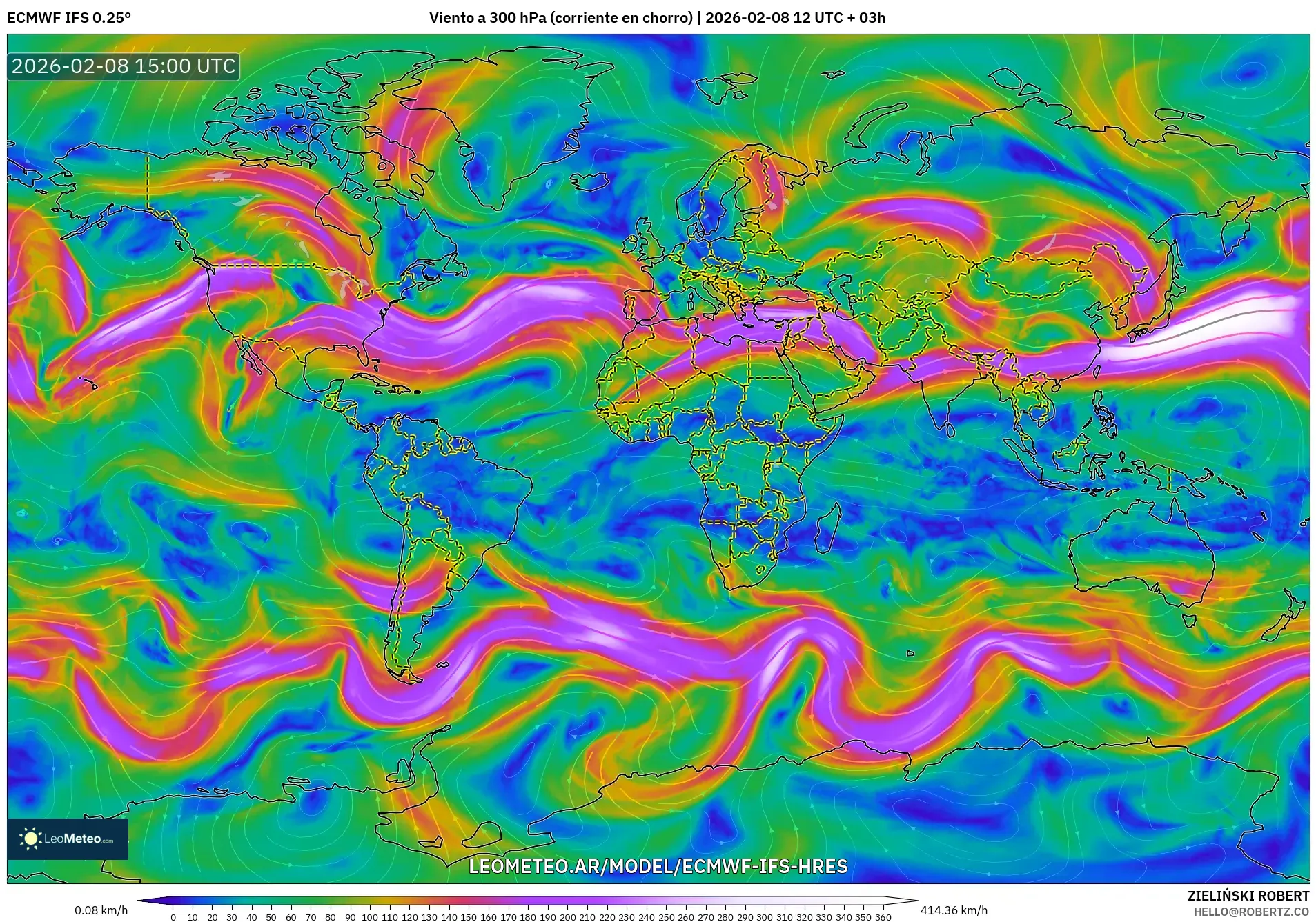 ECMWF IFS 0.25° model - Mundo, Viento a 300 hPa (corriente en chorro)