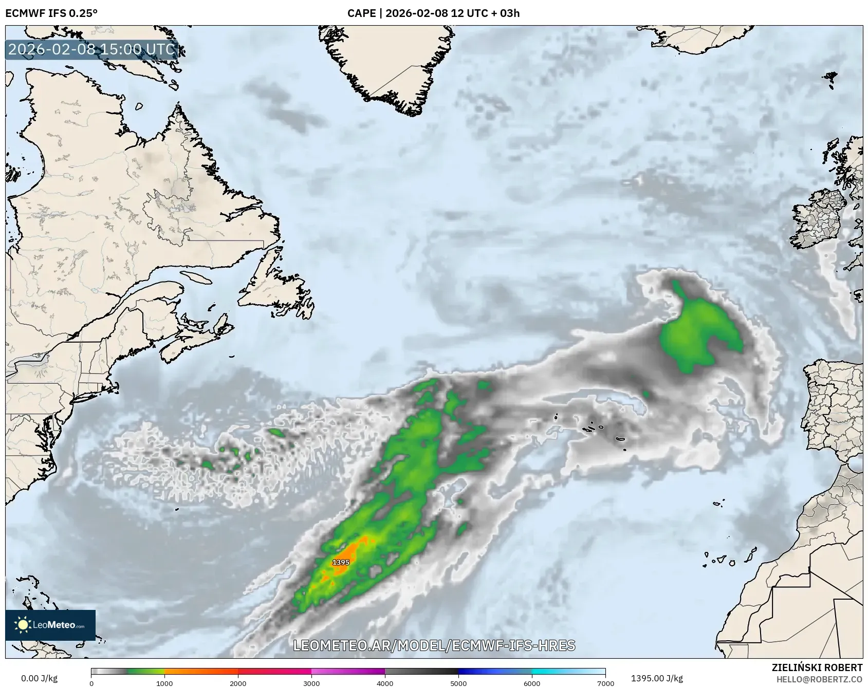 ECMWF IFS 0.25° model - Norte Atlántico, CAPE
