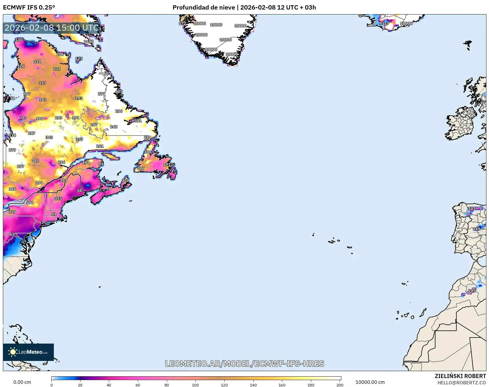 ECMWF IFS 0.25° model - Norte Atlántico, Profundidad de nieve