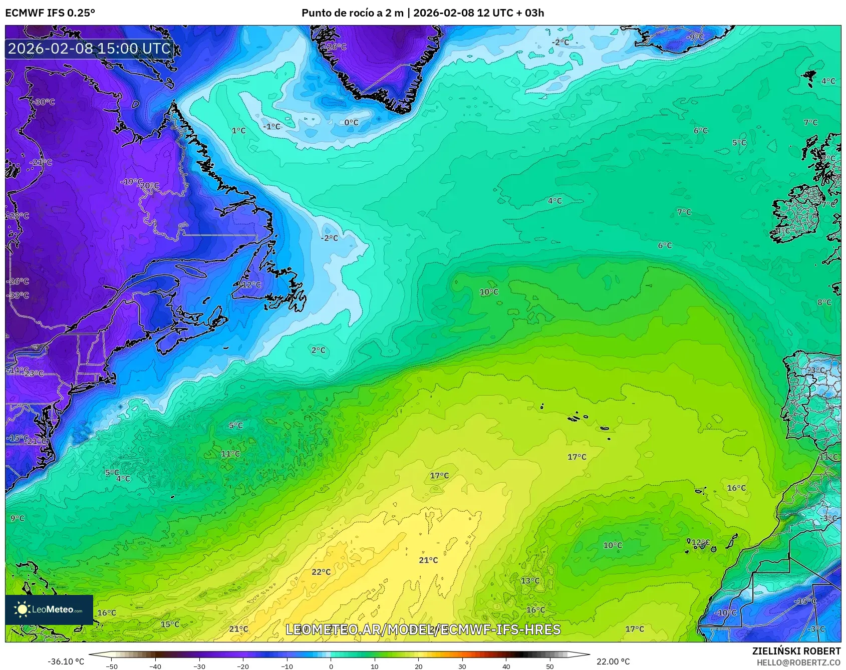 ECMWF IFS 0.25° model - Norte Atlántico, Punto de rocío a 2 m